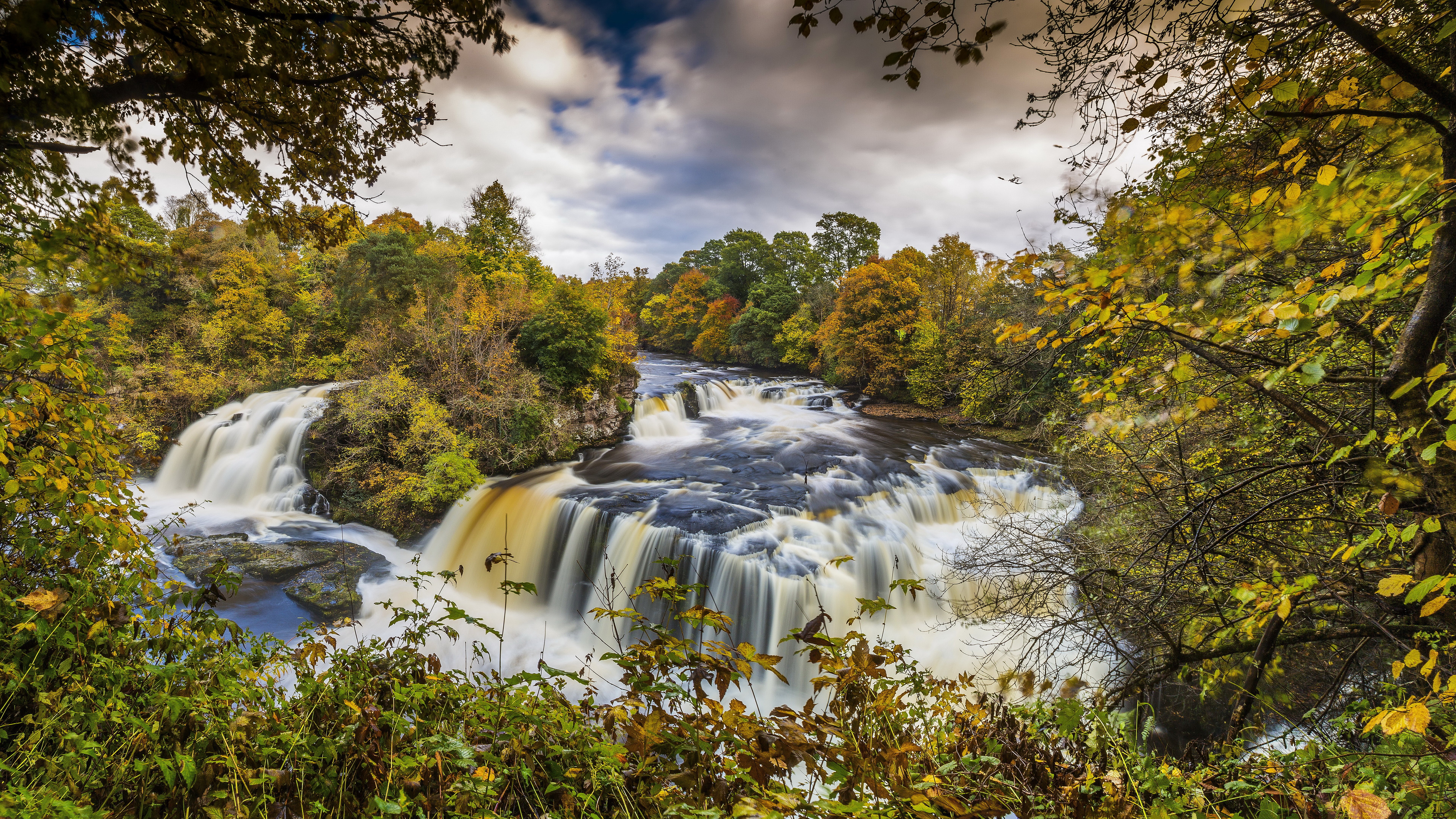 Waterfall in autumn forest HD Wallpaper