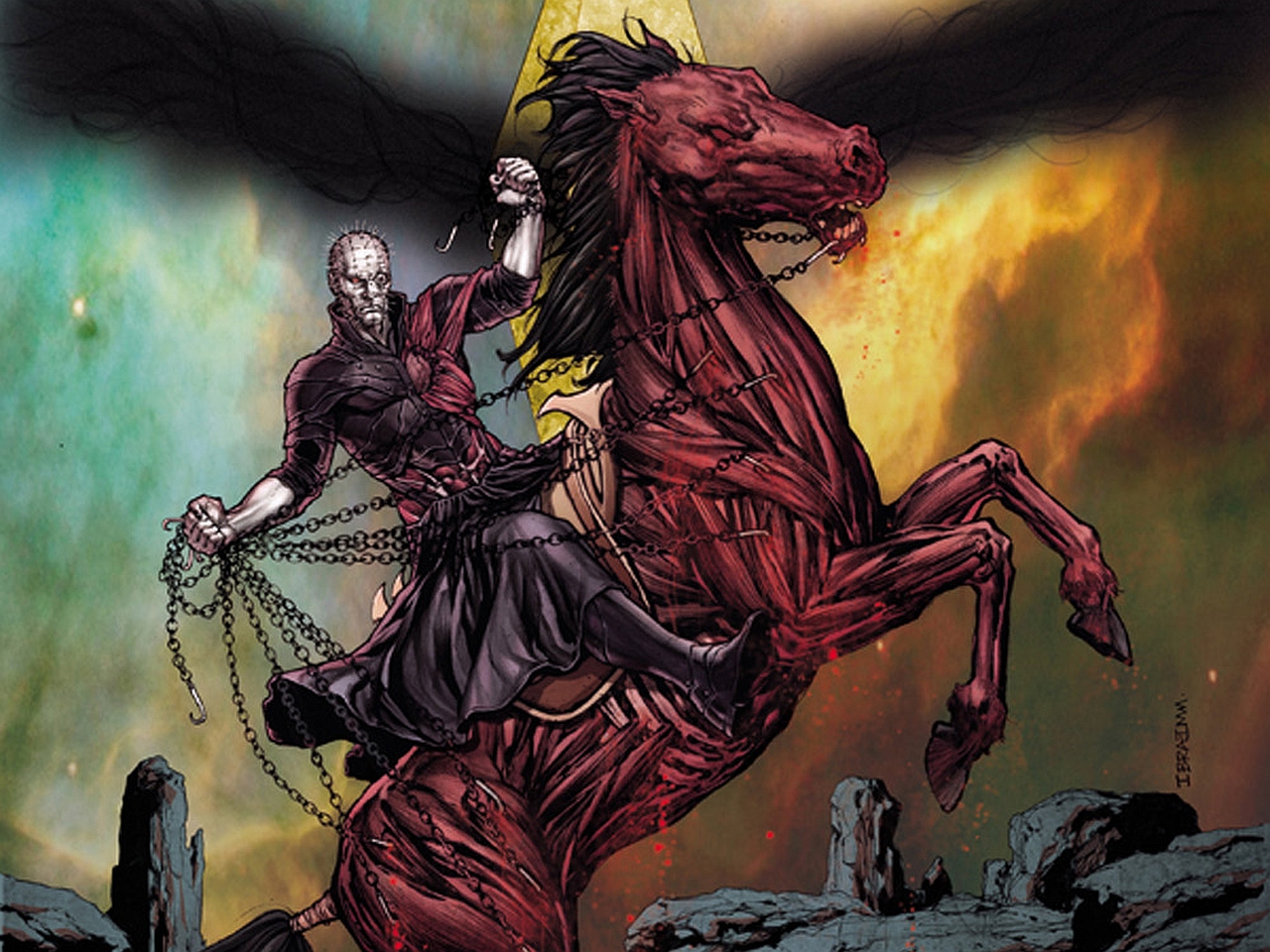 Pinhead from Hellraiser on a skeletal horse HD Wallpaper