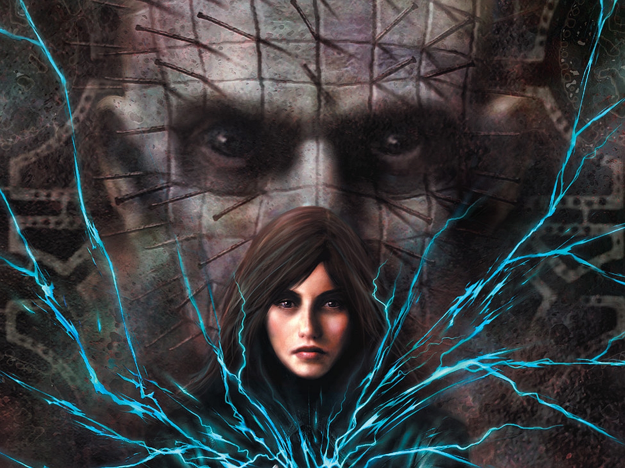 Pinhead from Hellraiser with a woman and blue lightning HD Wallpaper