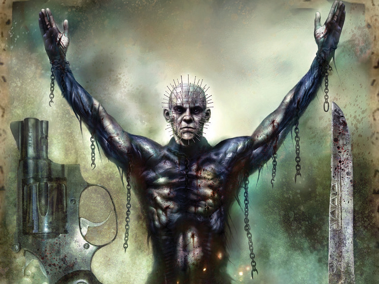 Pinhead from Hellraiser with chains and weapons HD Wallpaper