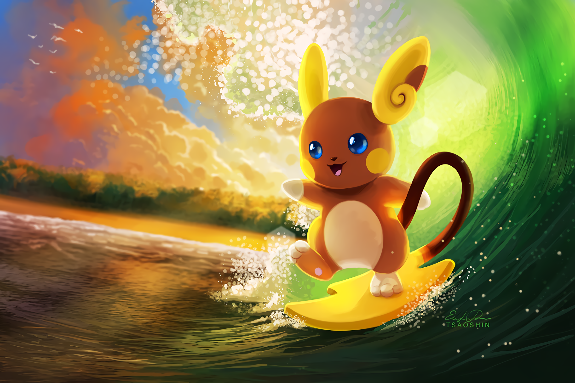 Raichu surfing on a wave HD Wallpaper