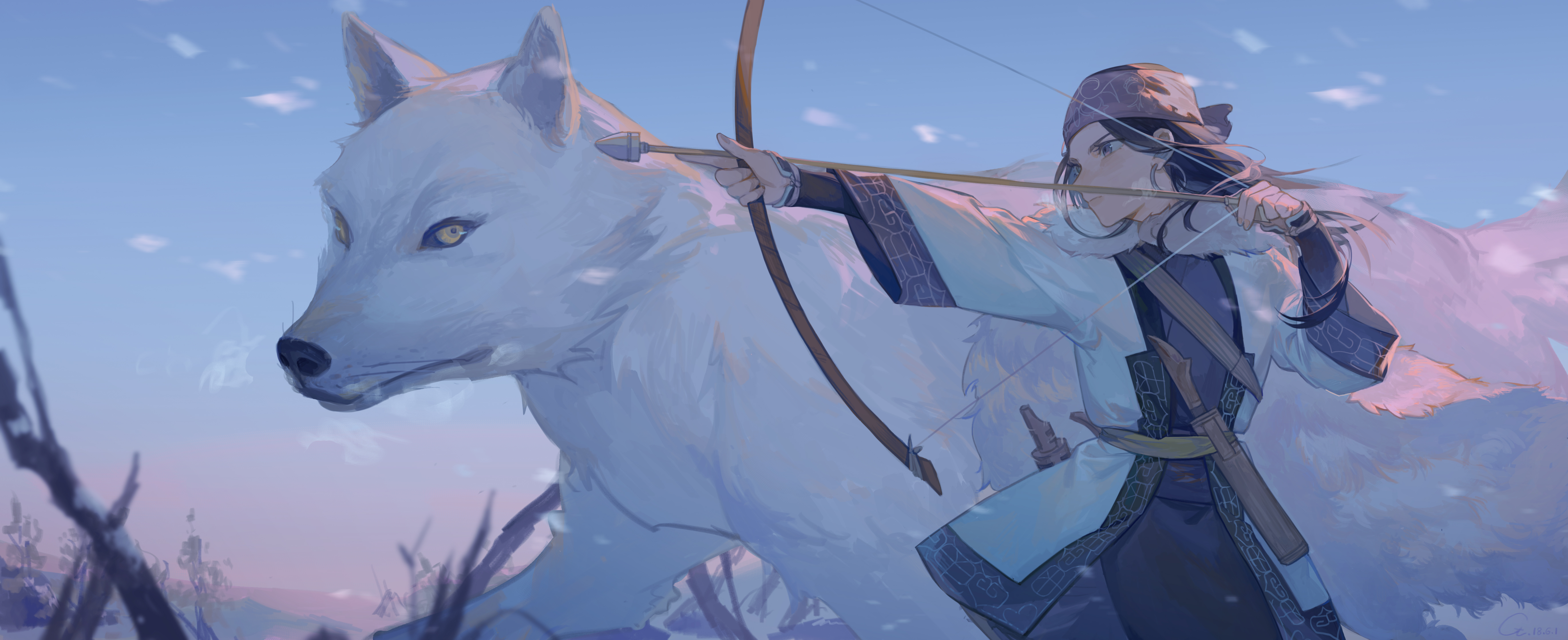Asirpa from Golden Kamuy with a white wolf HD Wallpaper
