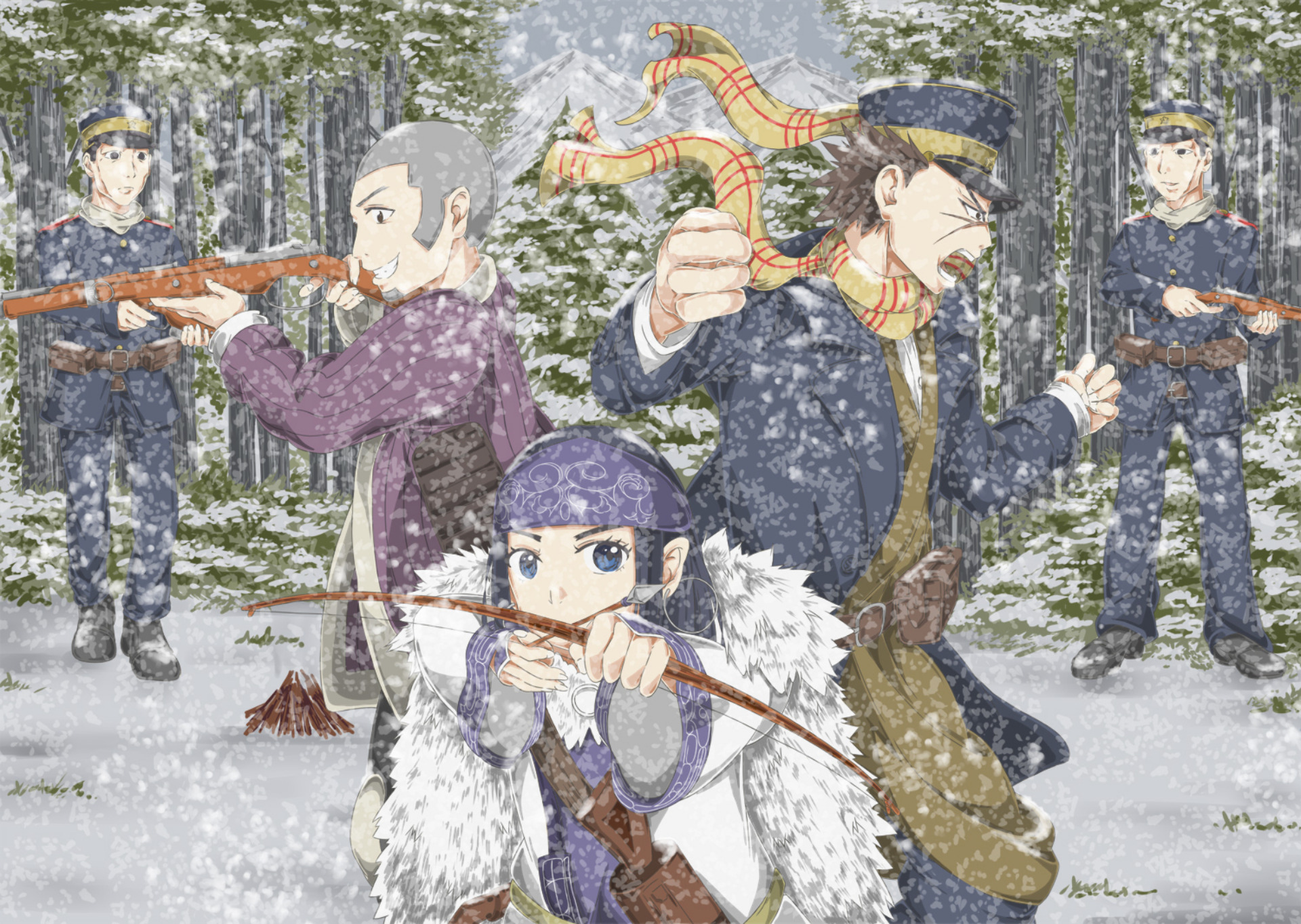 Golden Kamuy characters in a snowy forest HD Wallpaper