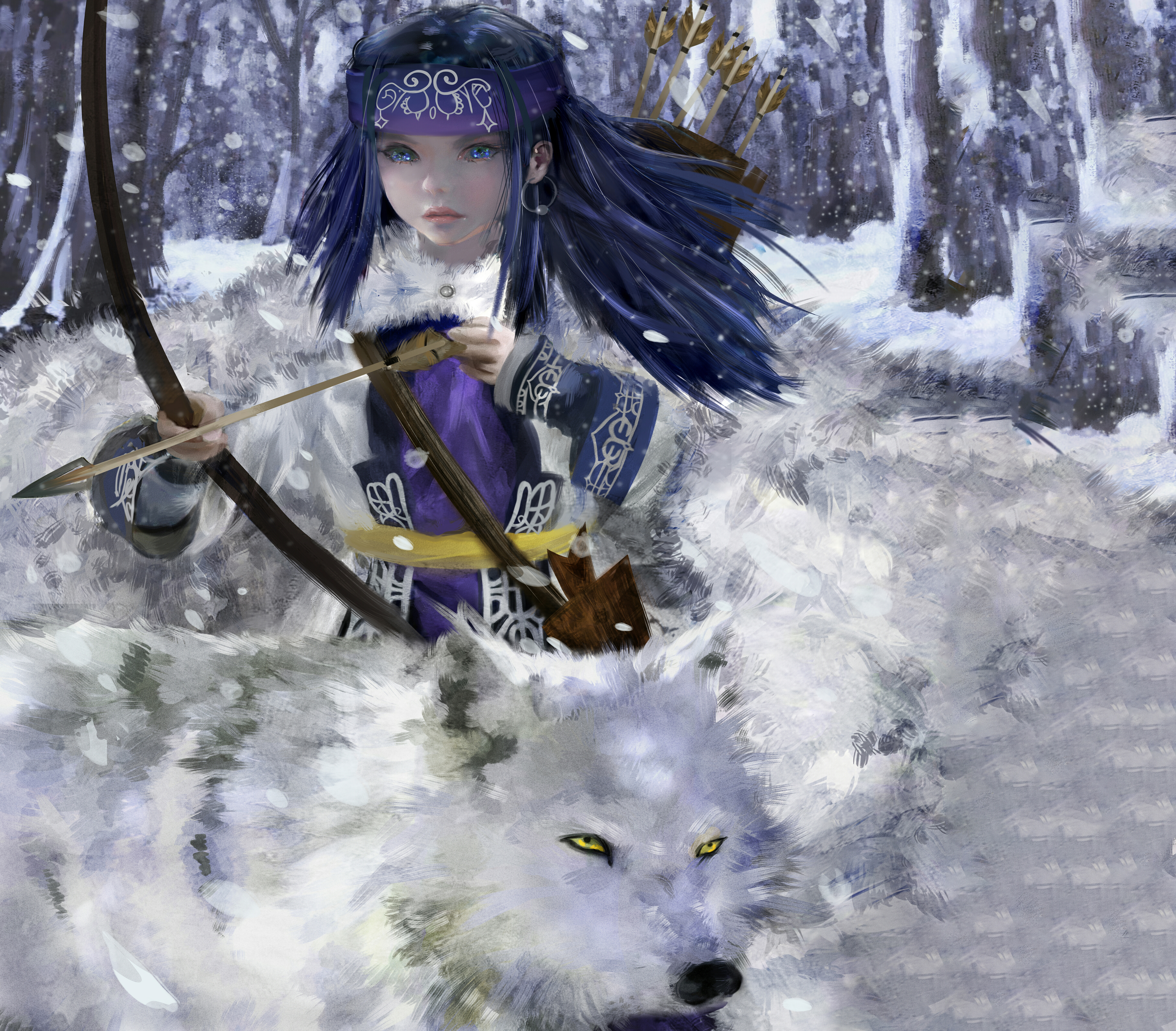 Asirpa from Golden Kamuy with wolf in snow HD Wallpaper