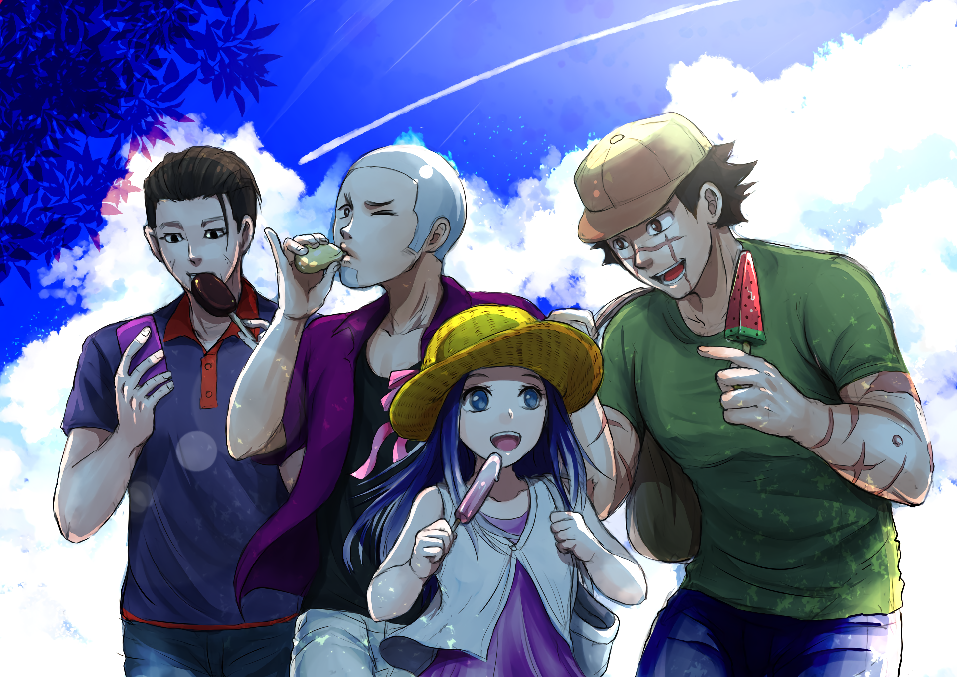 Four people eating popsicles under a blue sky HD Wallpaper