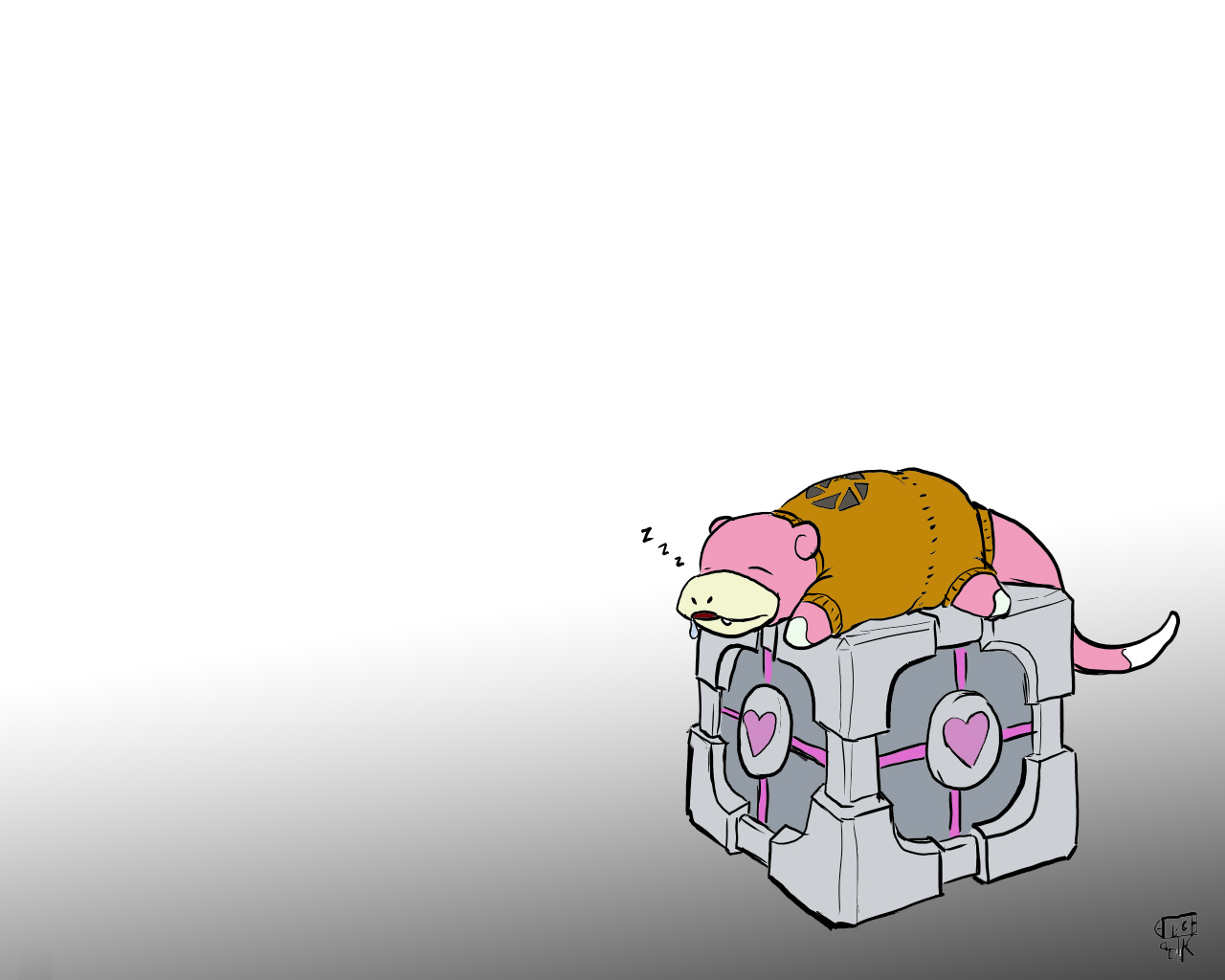 Slowpoke sleeping on a Companion Cube from Portal HD Wallpaper
