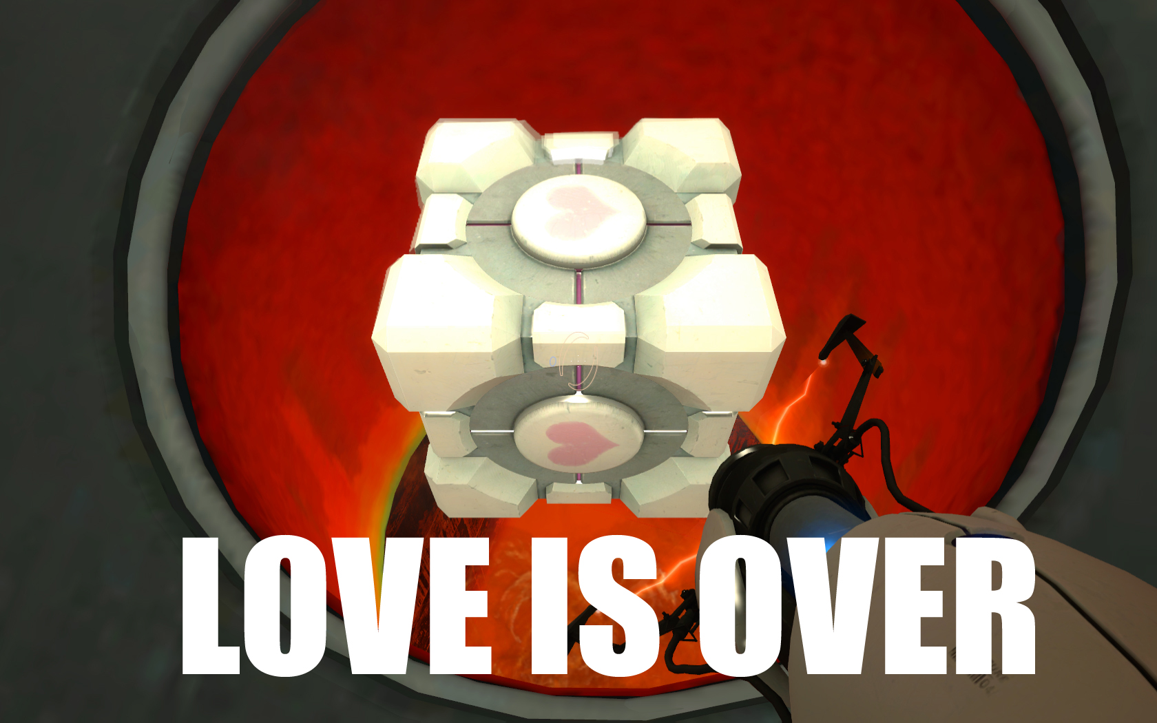 Companion Cube from Portal with "LOVE IS OVER" text HD Wallpaper
