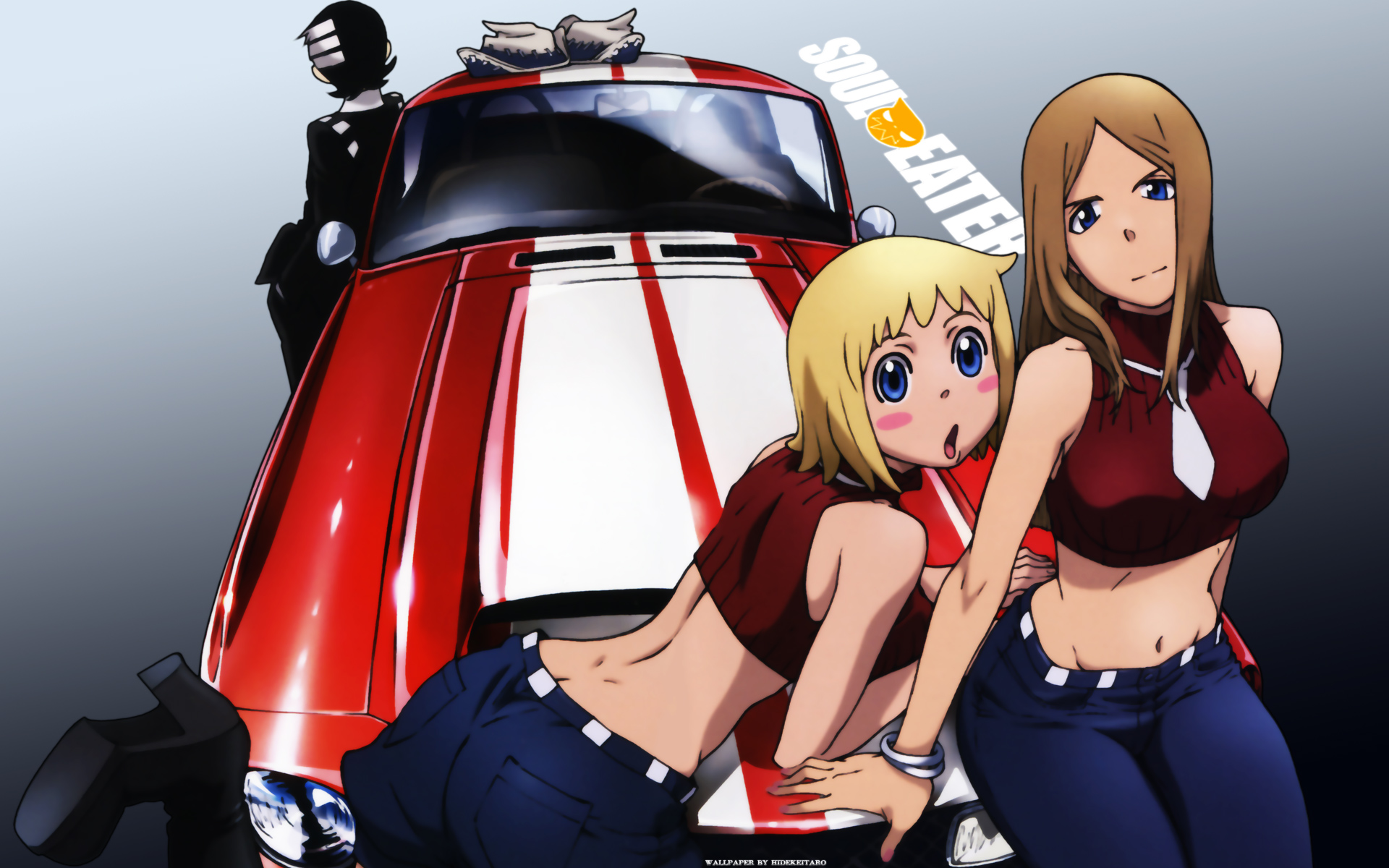 Death the Kid and two women with a red car from Soul Eater HD Wallpaper