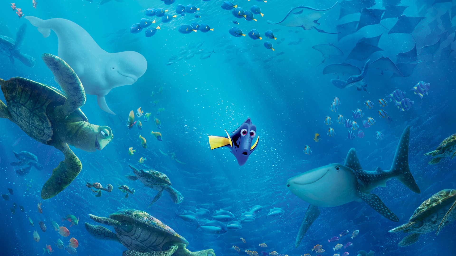 Dory from Finding Nemo underwater with sea creatures HD Wallpaper