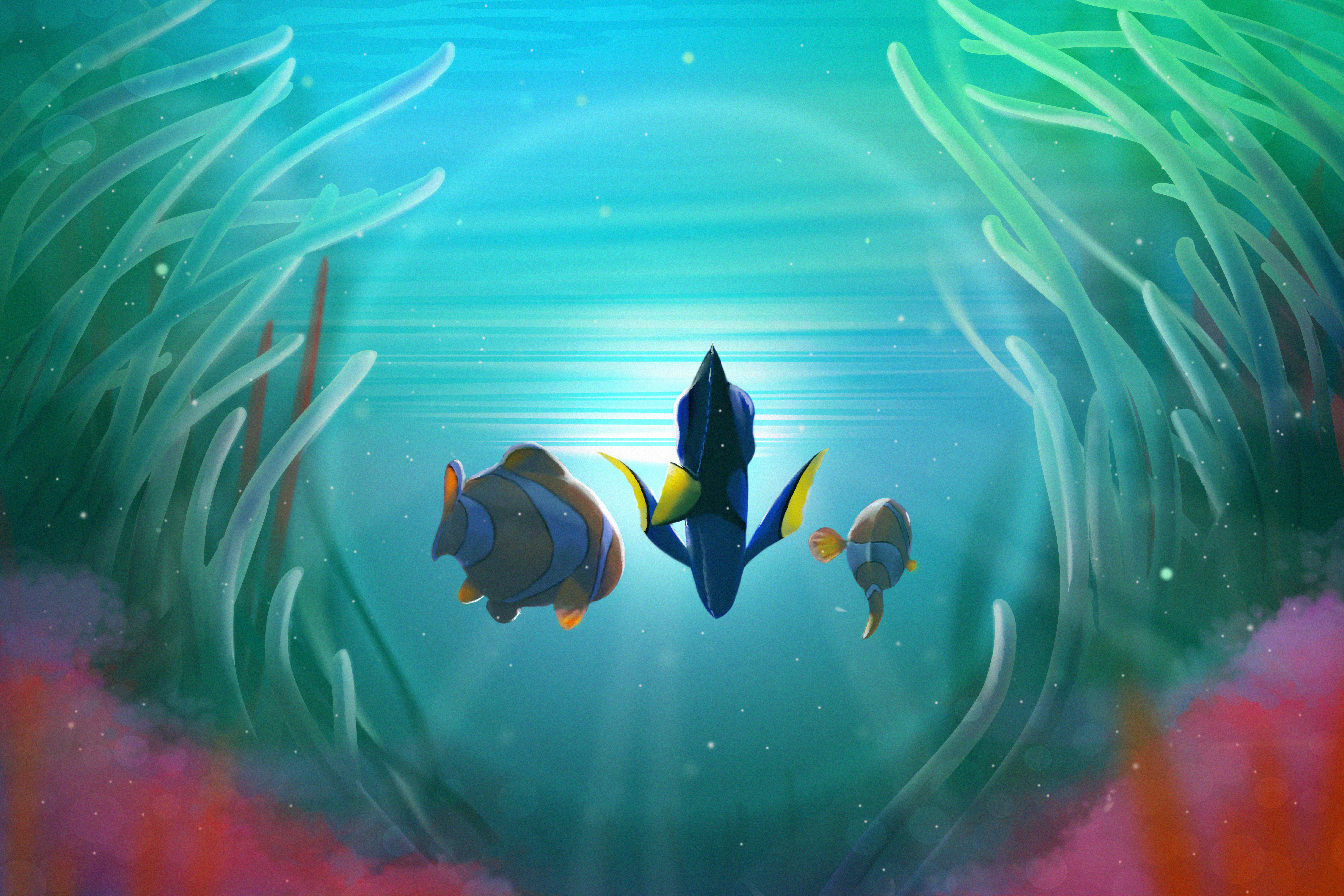 Dory and clownfish swimming in the ocean HD Wallpaper