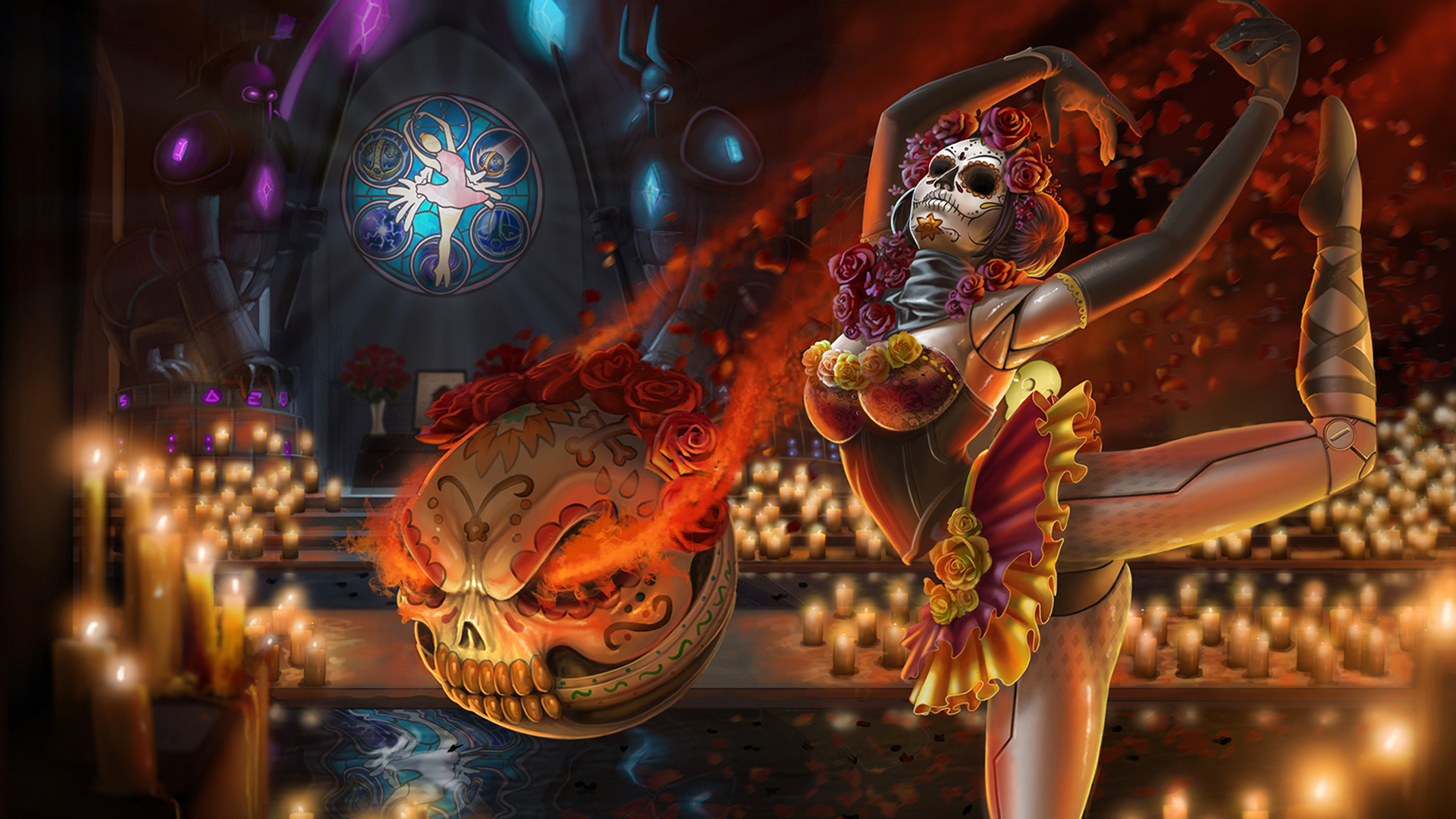 Orianna from League of Legends with a Day of the Dead theme HD Wallpaper