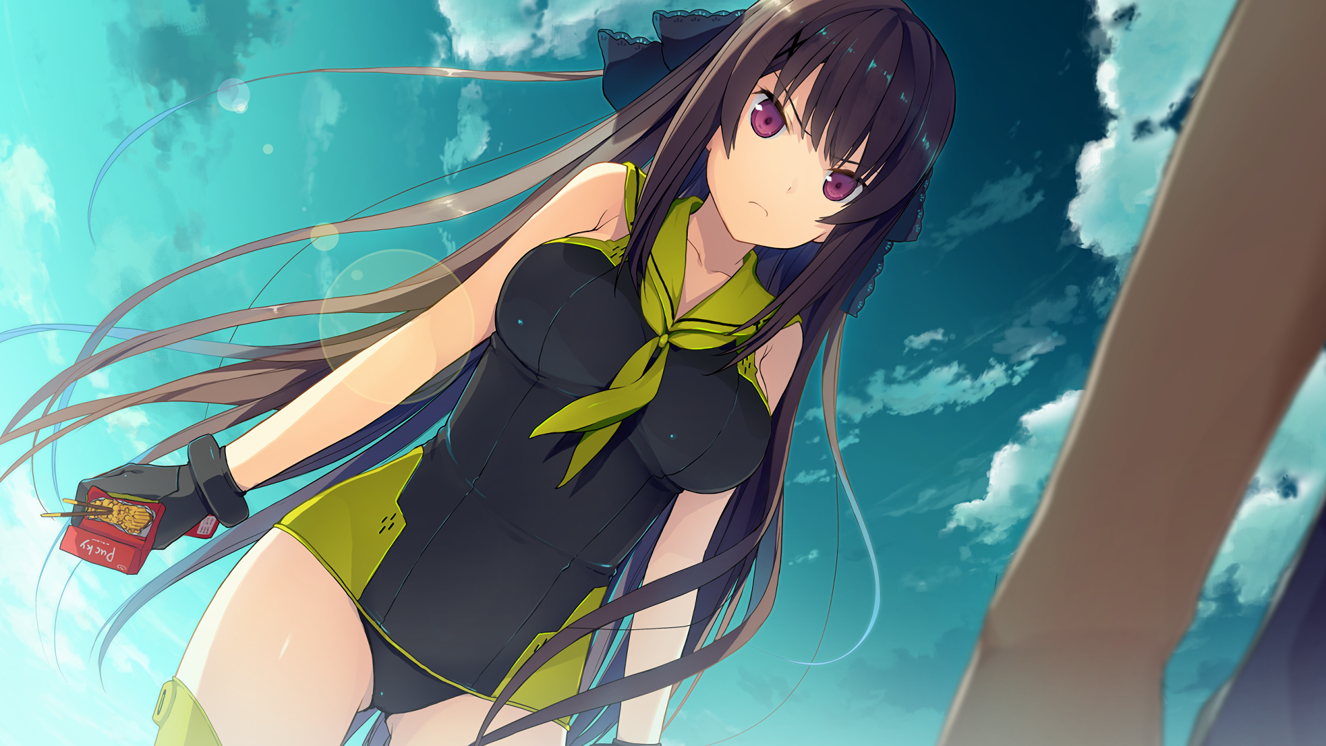 Misaki Tobisawa in a black and green swimsuit HD Wallpaper