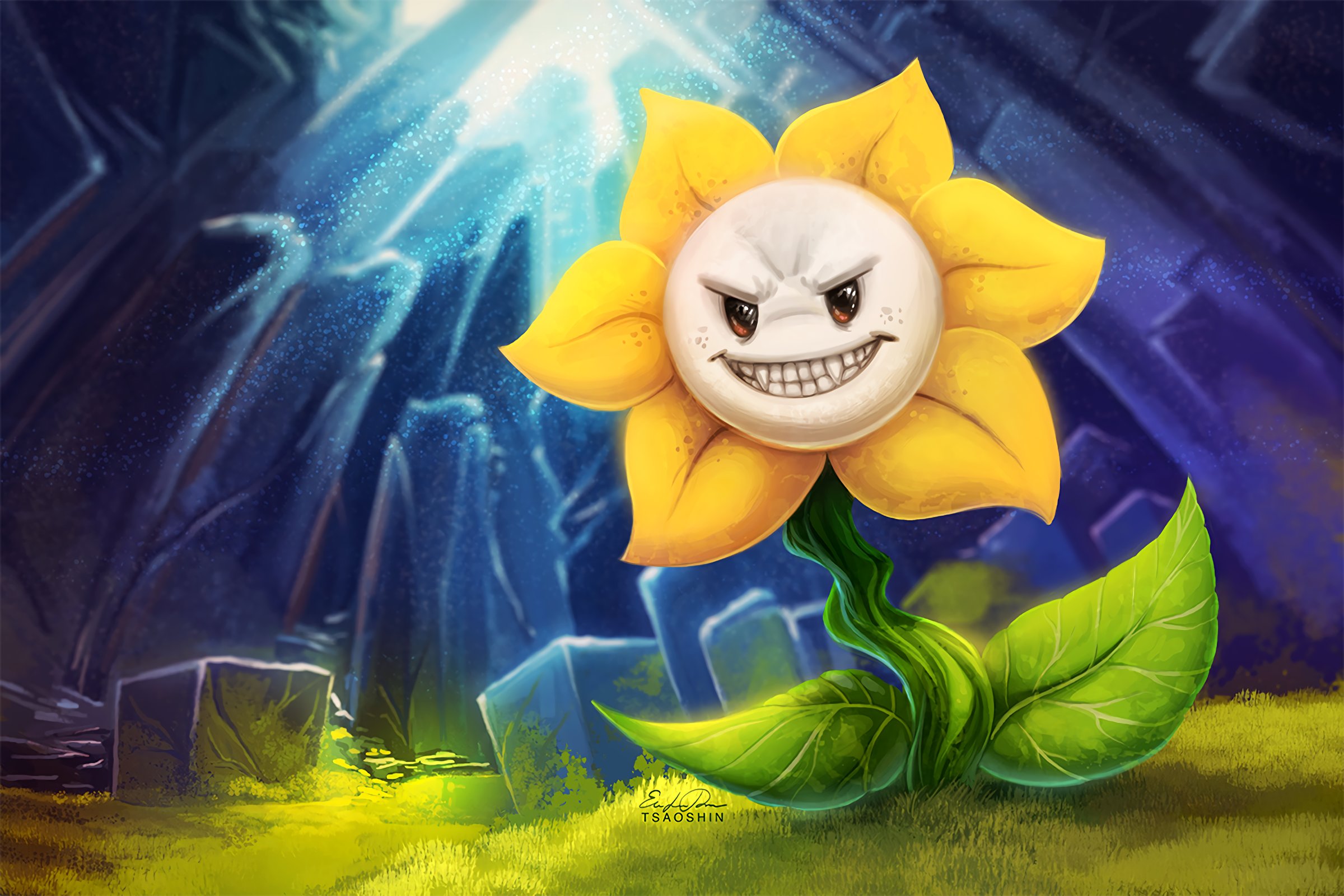 Flowey from Undertale in a cave HD Wallpaper