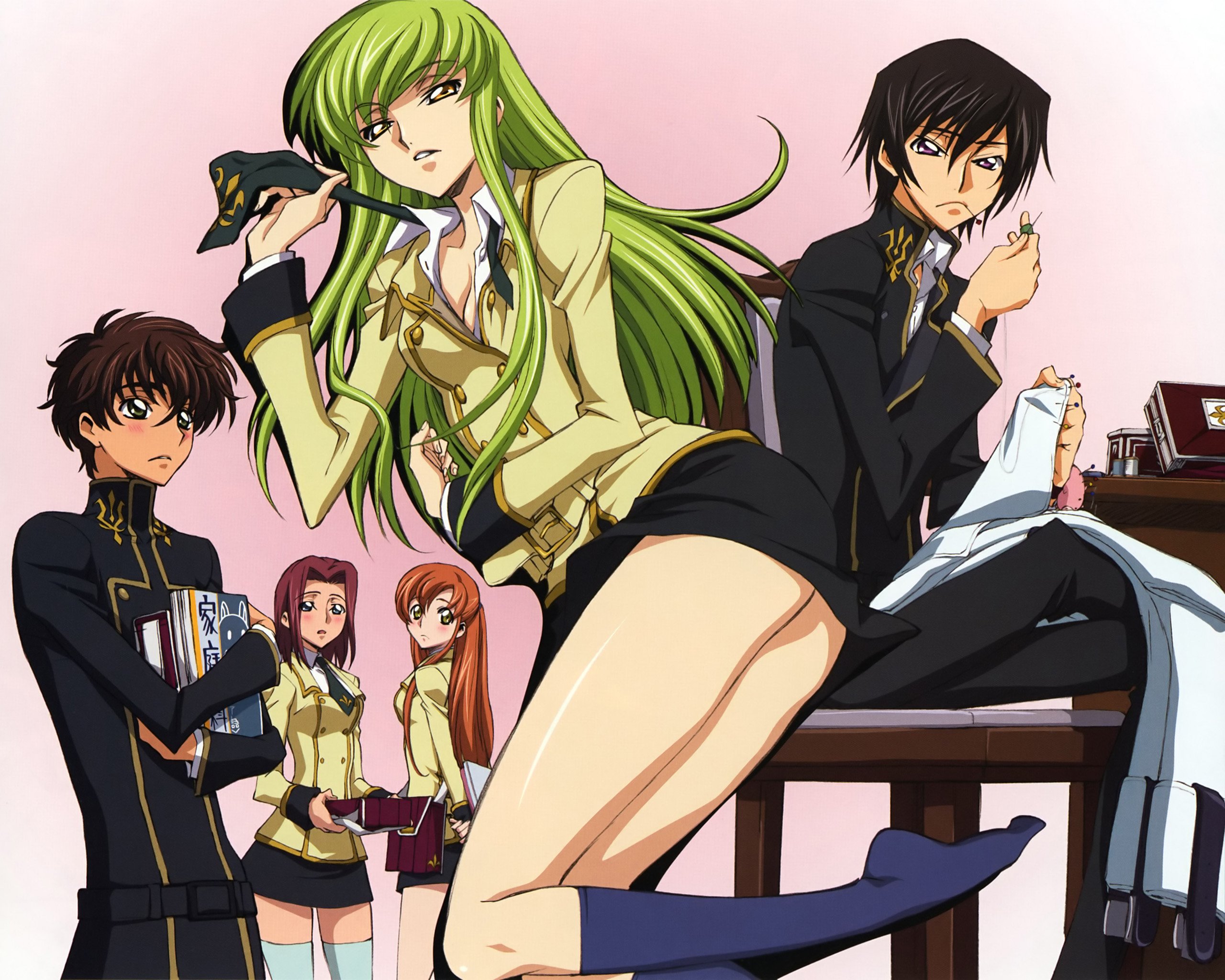 Code Geass characters: Lelouch, C.C., Suzaku, Shirley, and Cornelia HD Wallpaper