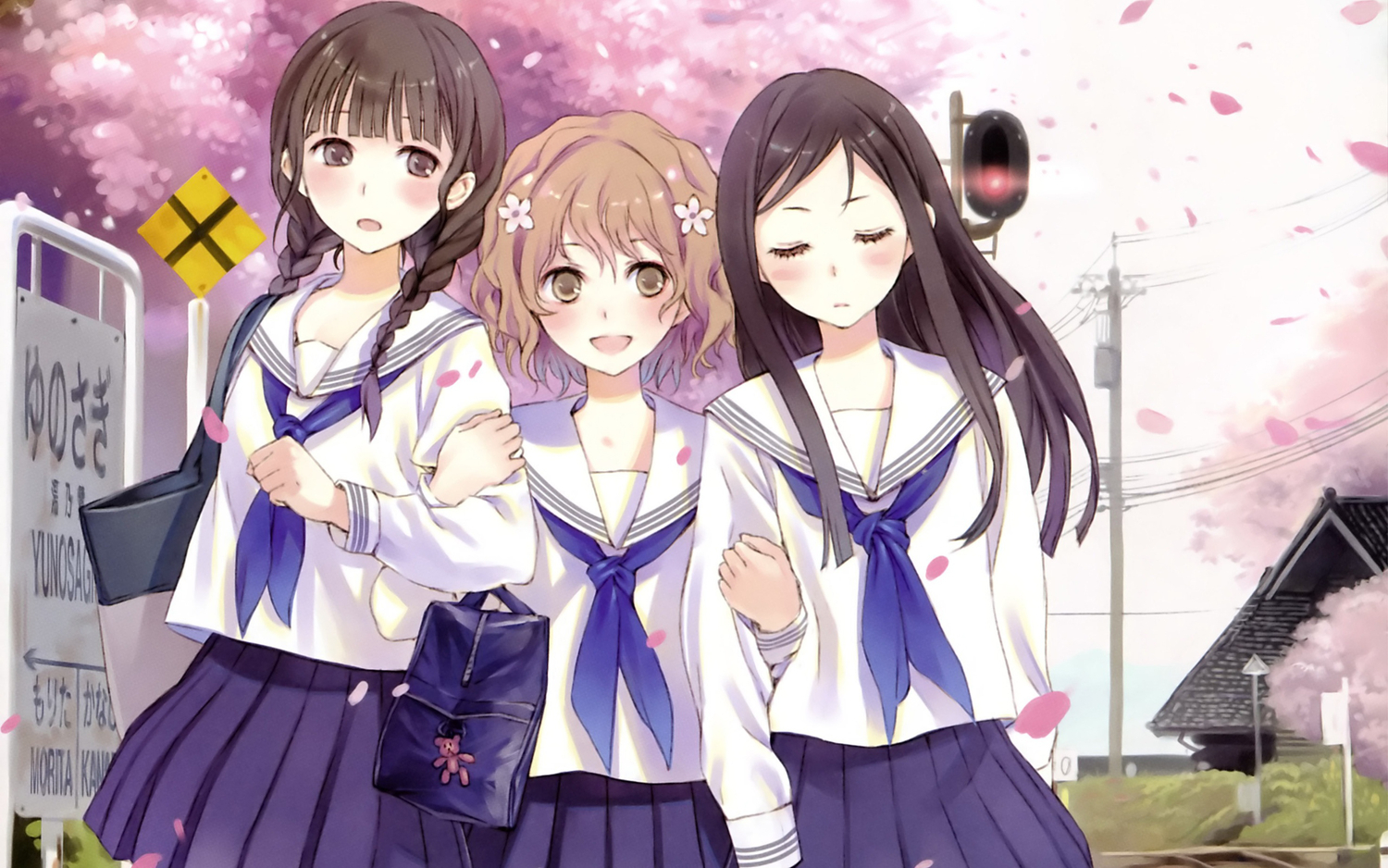Three schoolgirls in uniform under cherry blossoms HD Wallpaper