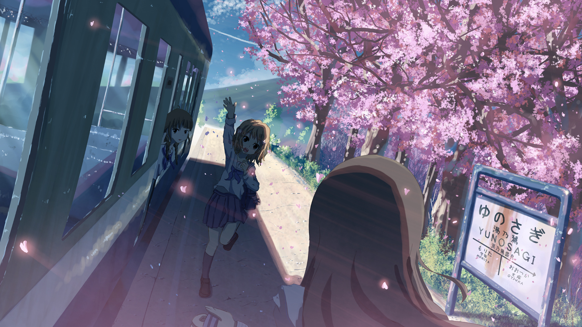 Girls at Train Station with Cherry Blossoms HD Wallpaper