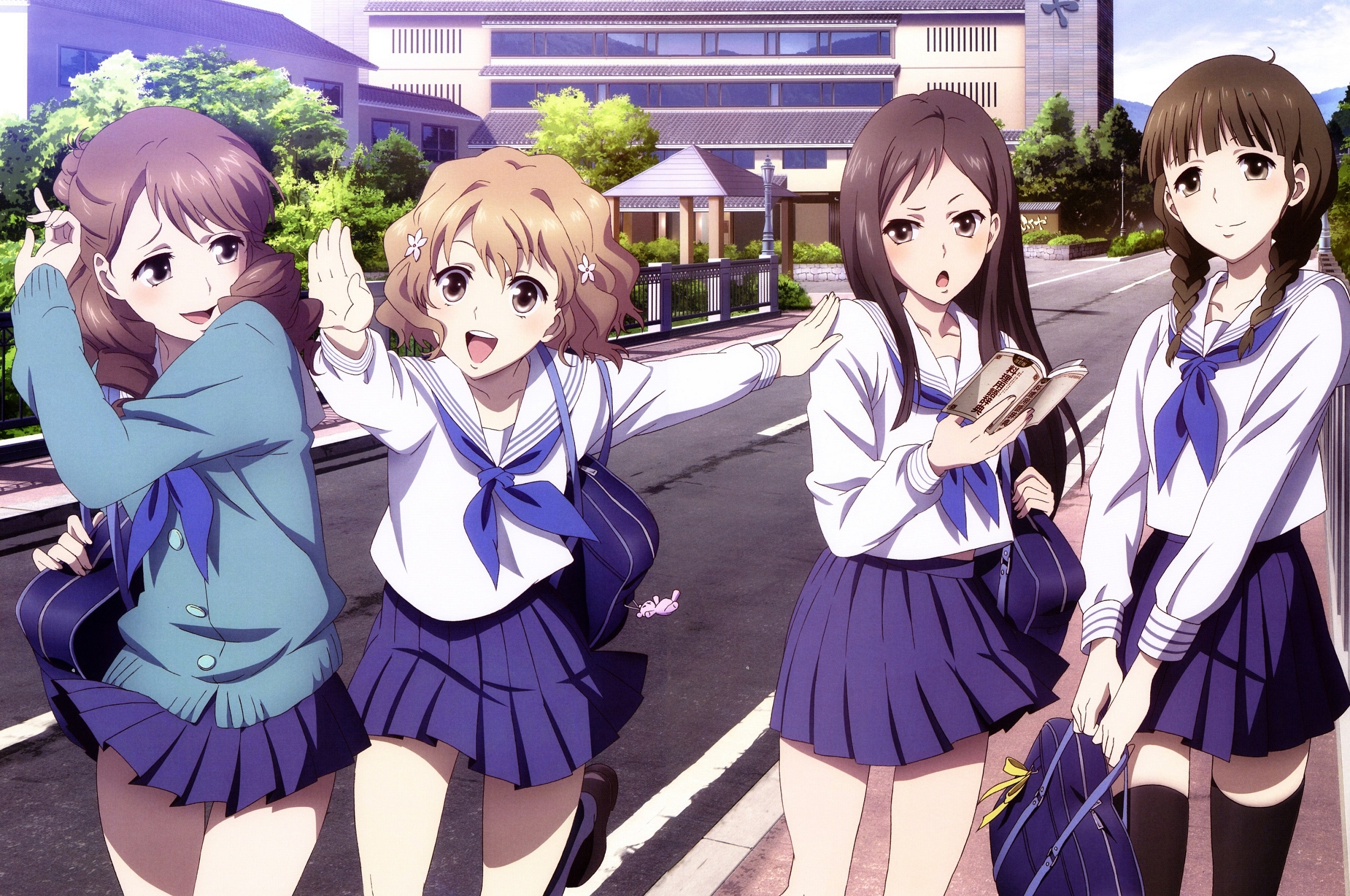 Four schoolgirls in uniform walking on a street HD Wallpaper