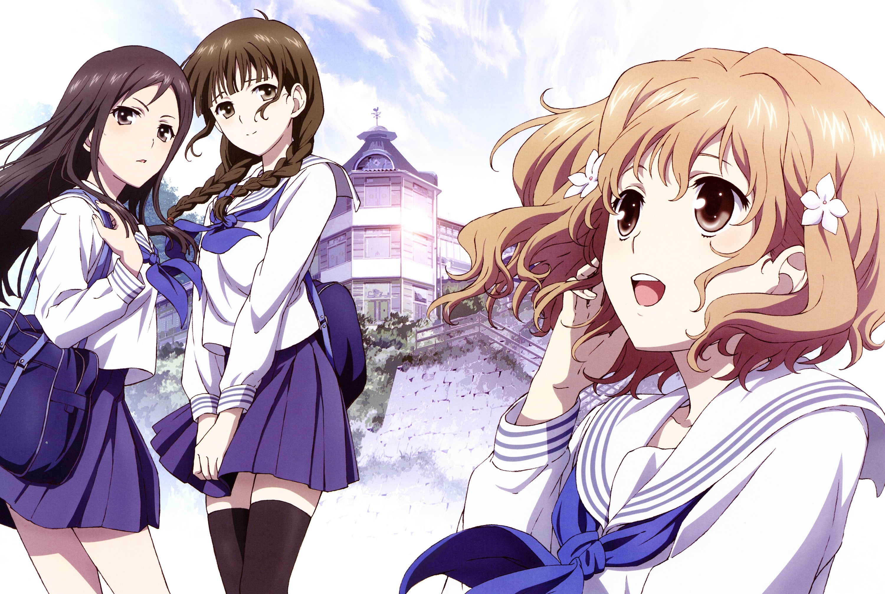 Three schoolgirls in uniform with a building in the background HD Wallpaper