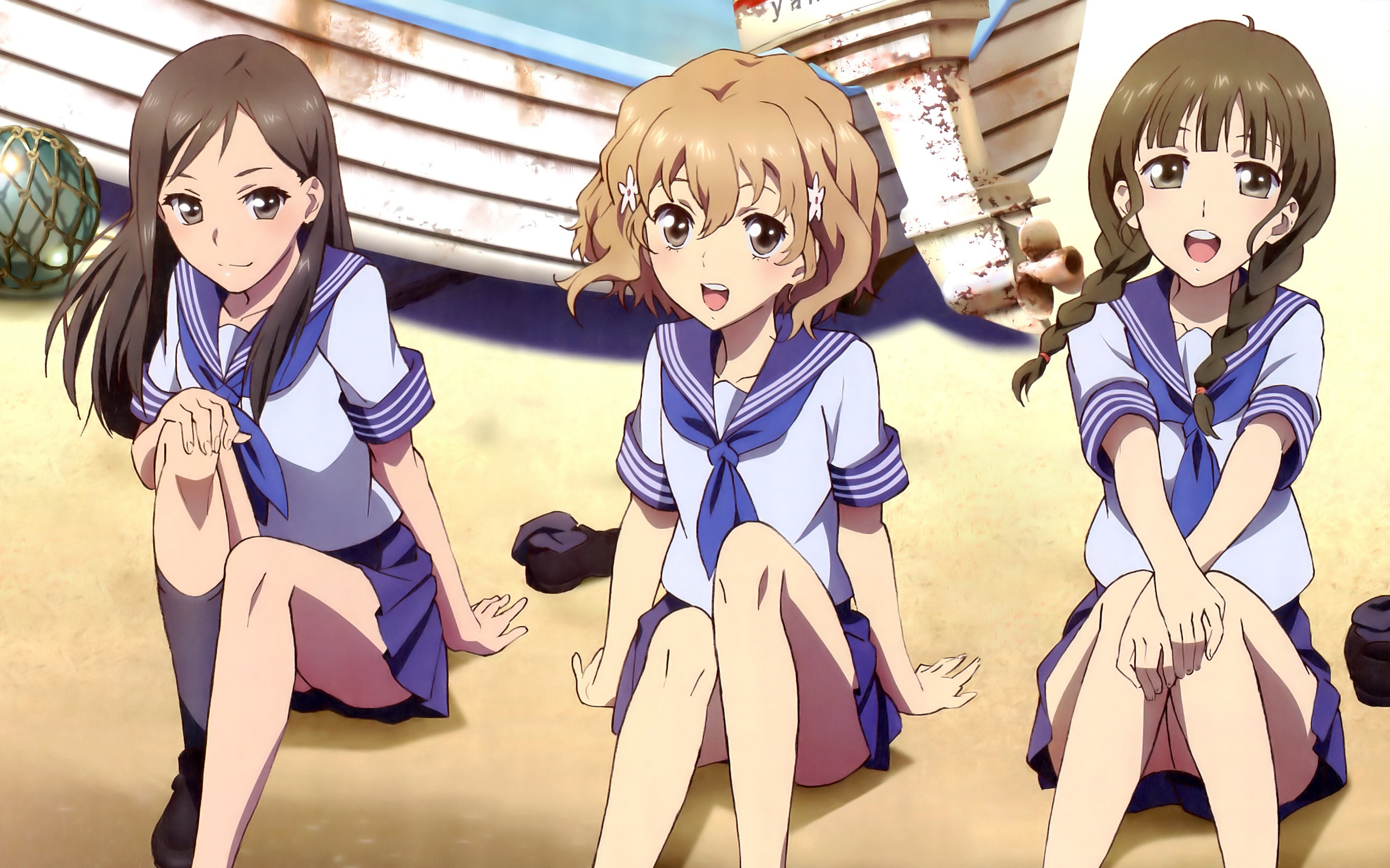 Three girls in sailor uniforms on a beach HD Wallpaper