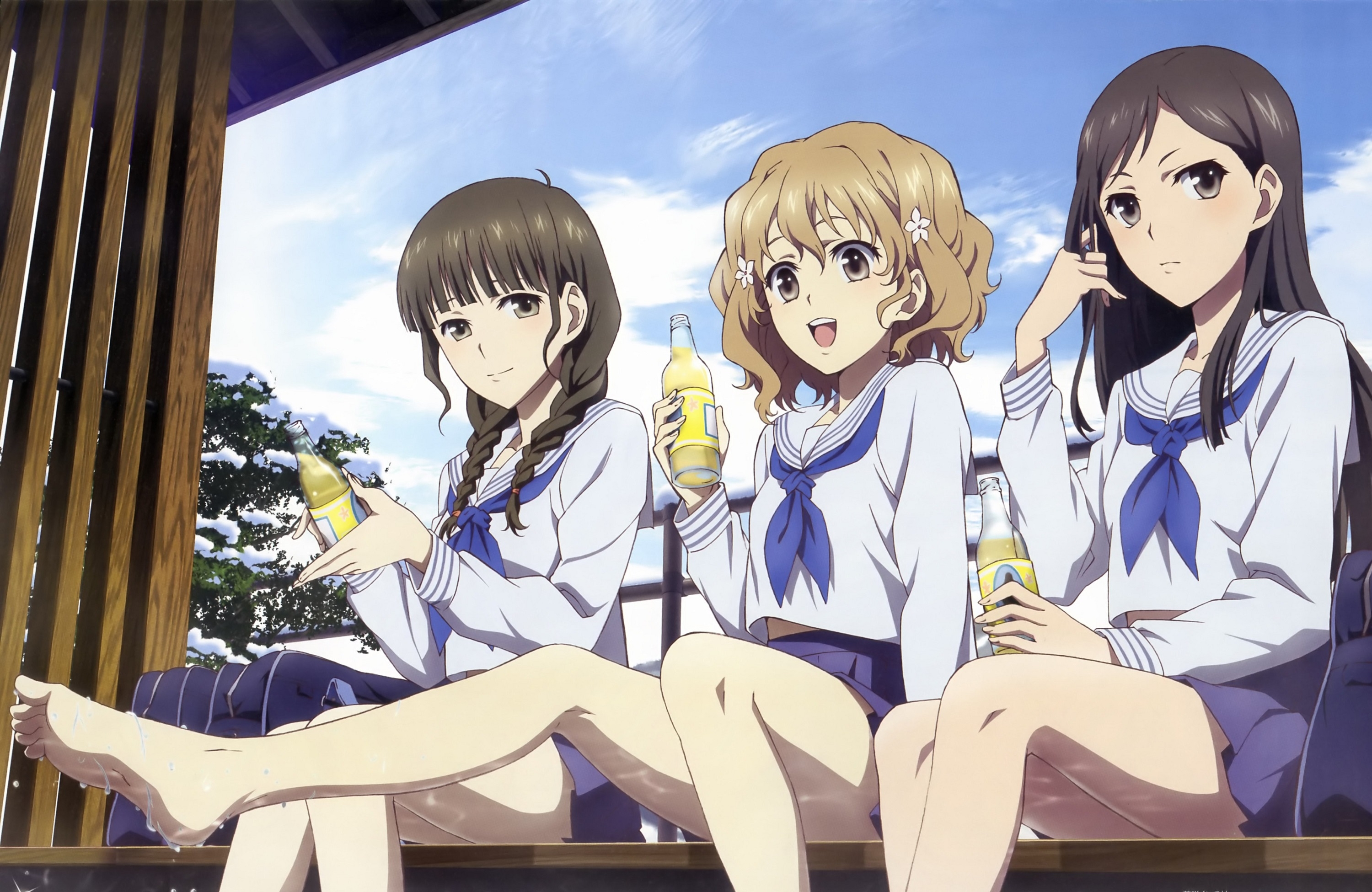 Three girls in sailor uniforms with drinks HD Wallpaper