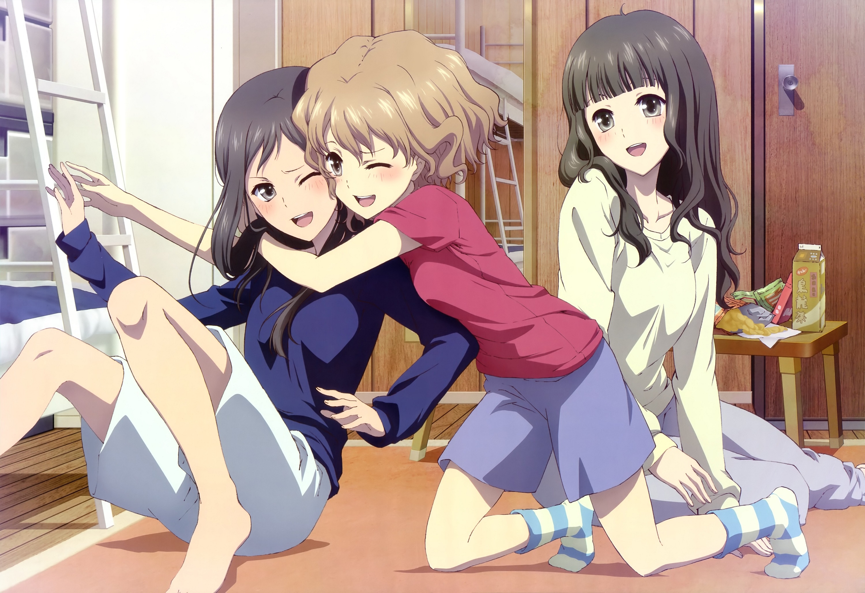 Three anime girls hugging in a room HD Wallpaper