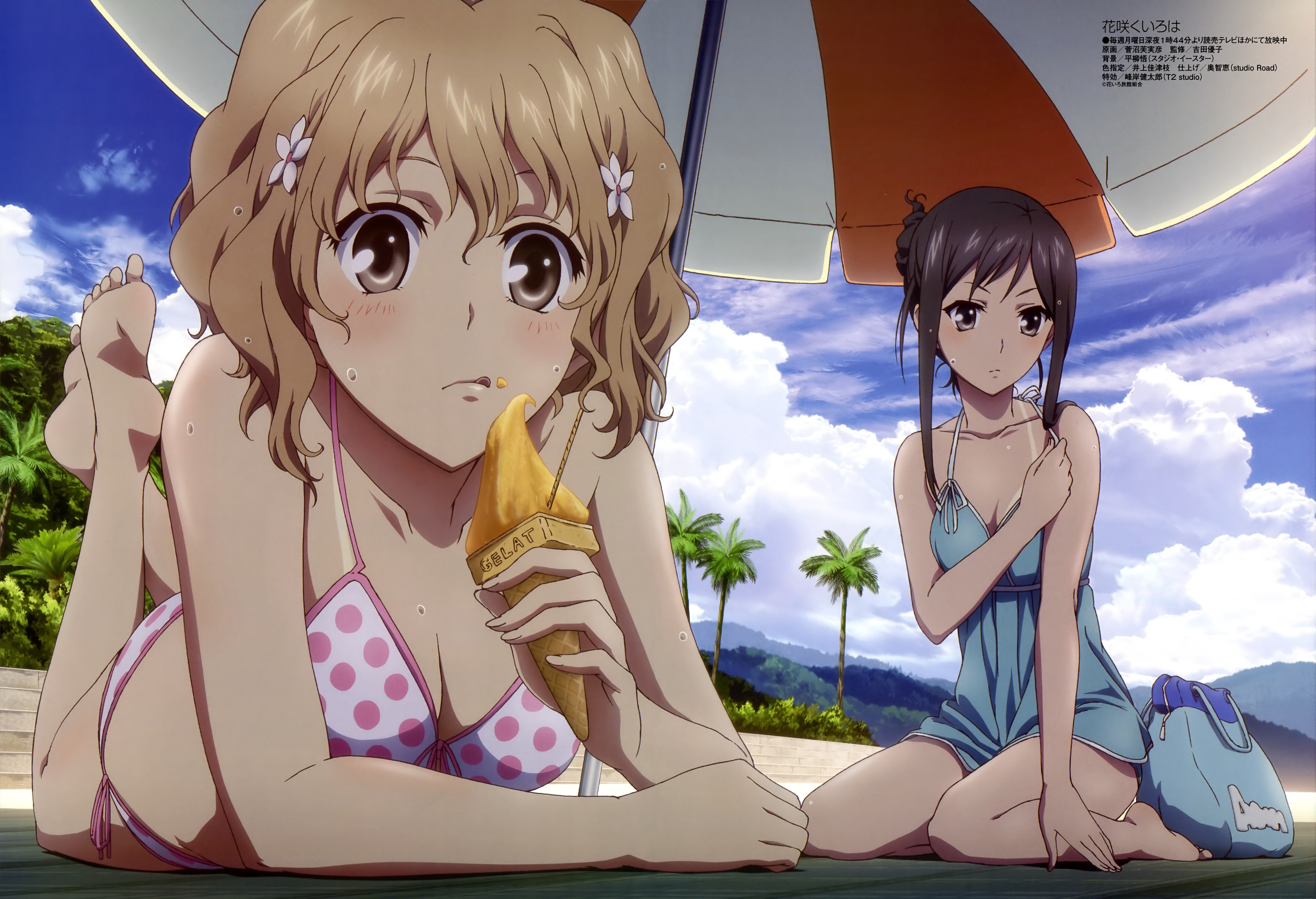 Two girls in swimsuits eating ice cream on the beach HD Wallpaper