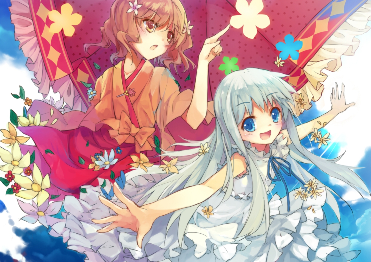 Two anime girls with flowers and umbrellas HD Wallpaper