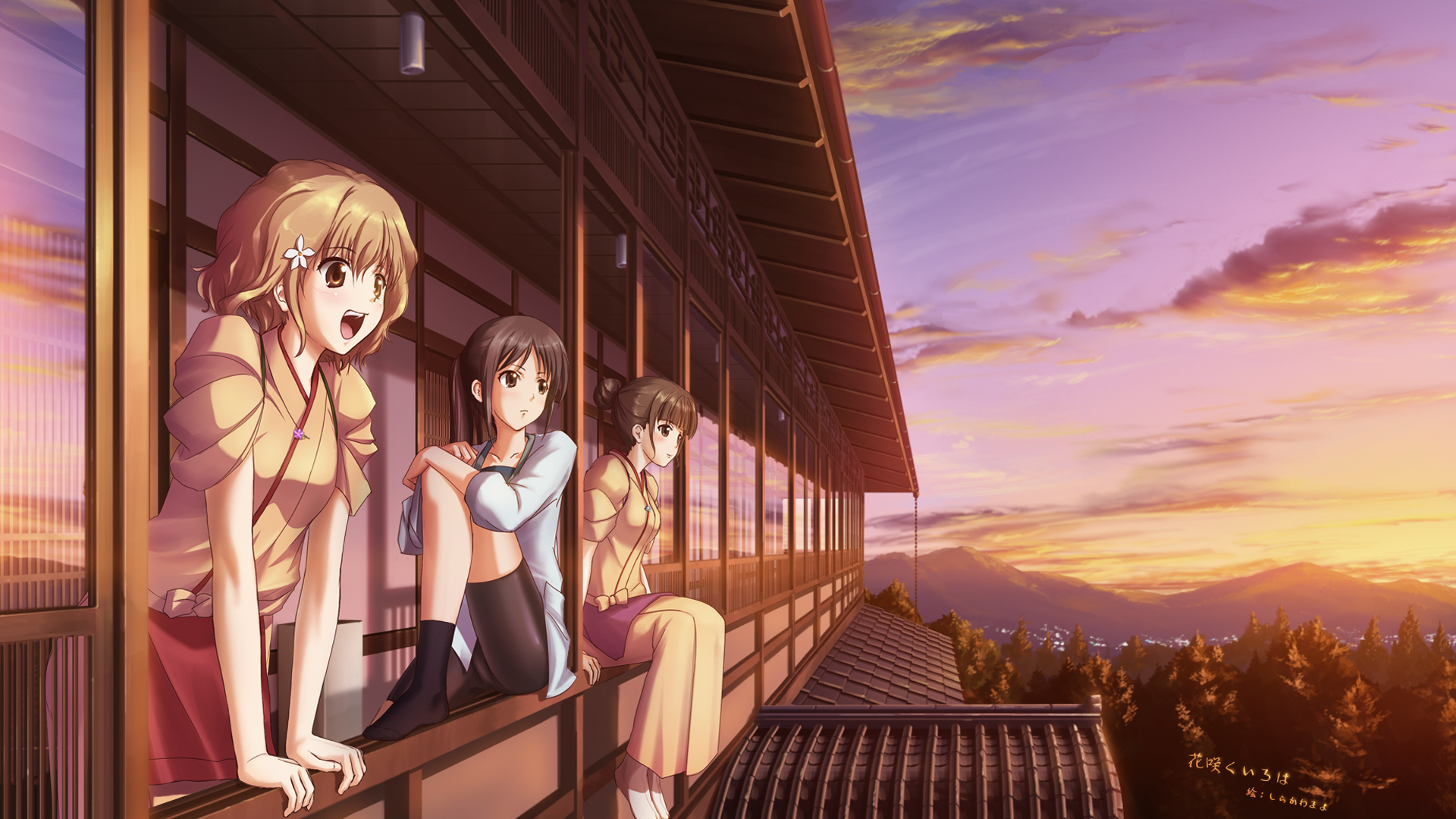 Ohana Matsumae and friends on a balcony at sunset HD Wallpaper