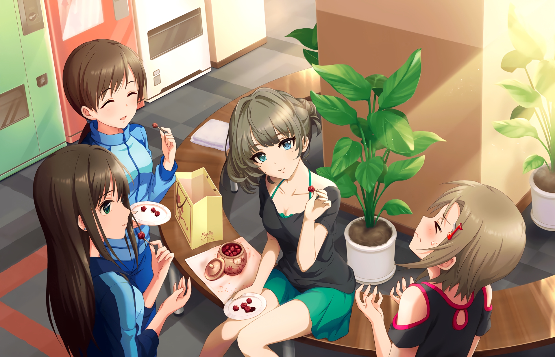 Kaede Takagaki eating cherries with friends HD Wallpaper