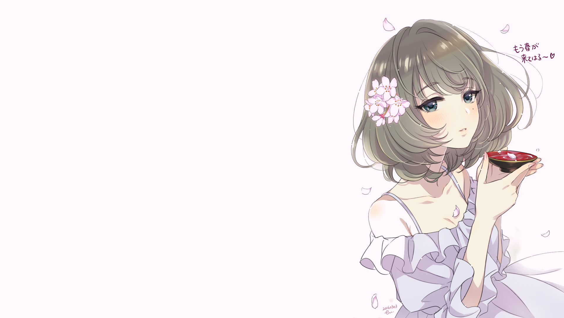 Kaede Takagaki holding a cup with cherry blossoms HD Wallpaper