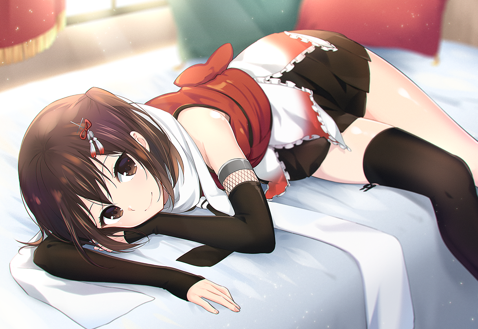 Sendai from Kancolle lying on a bed HD Wallpaper