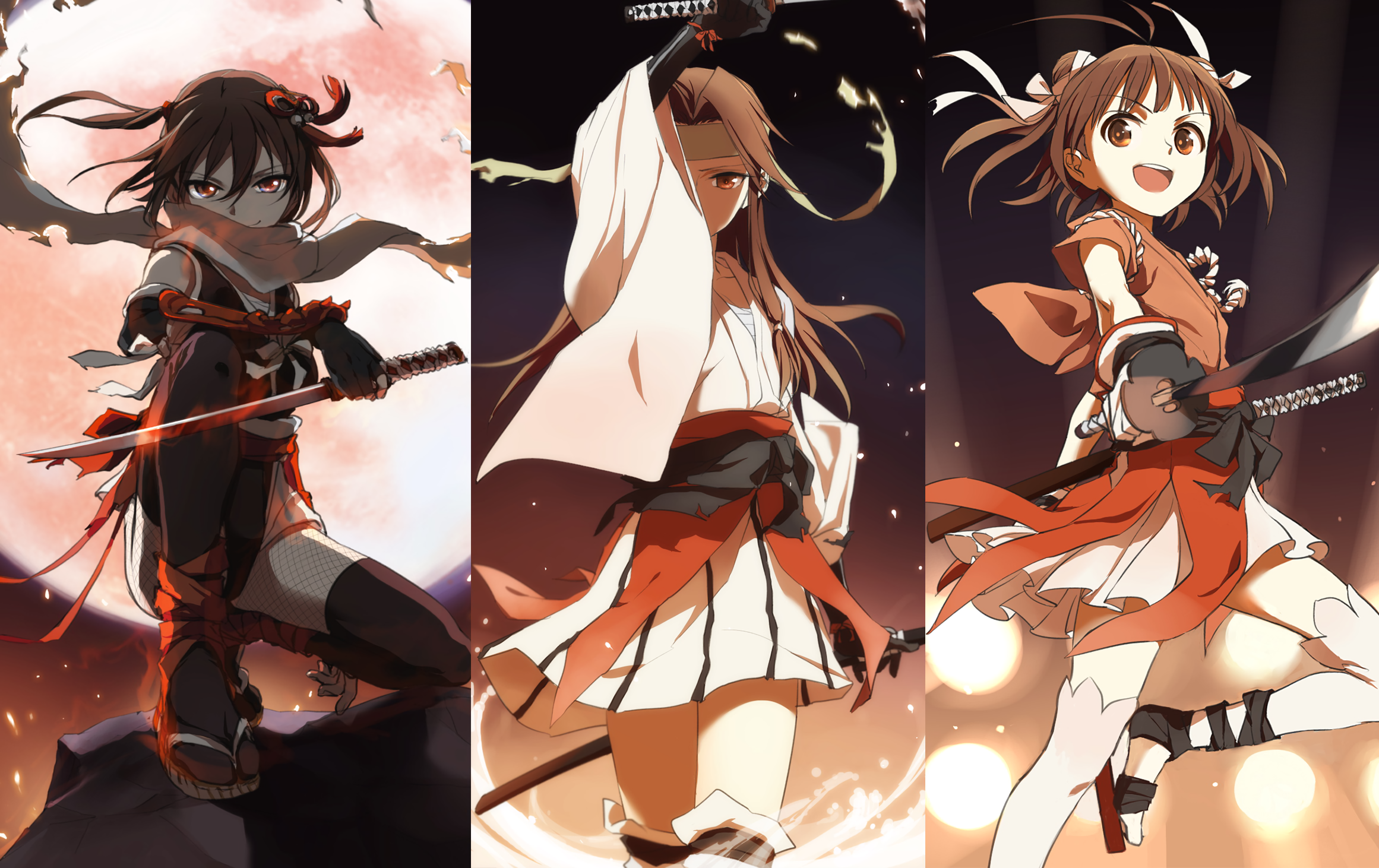 Three anime girls with swords HD Wallpaper