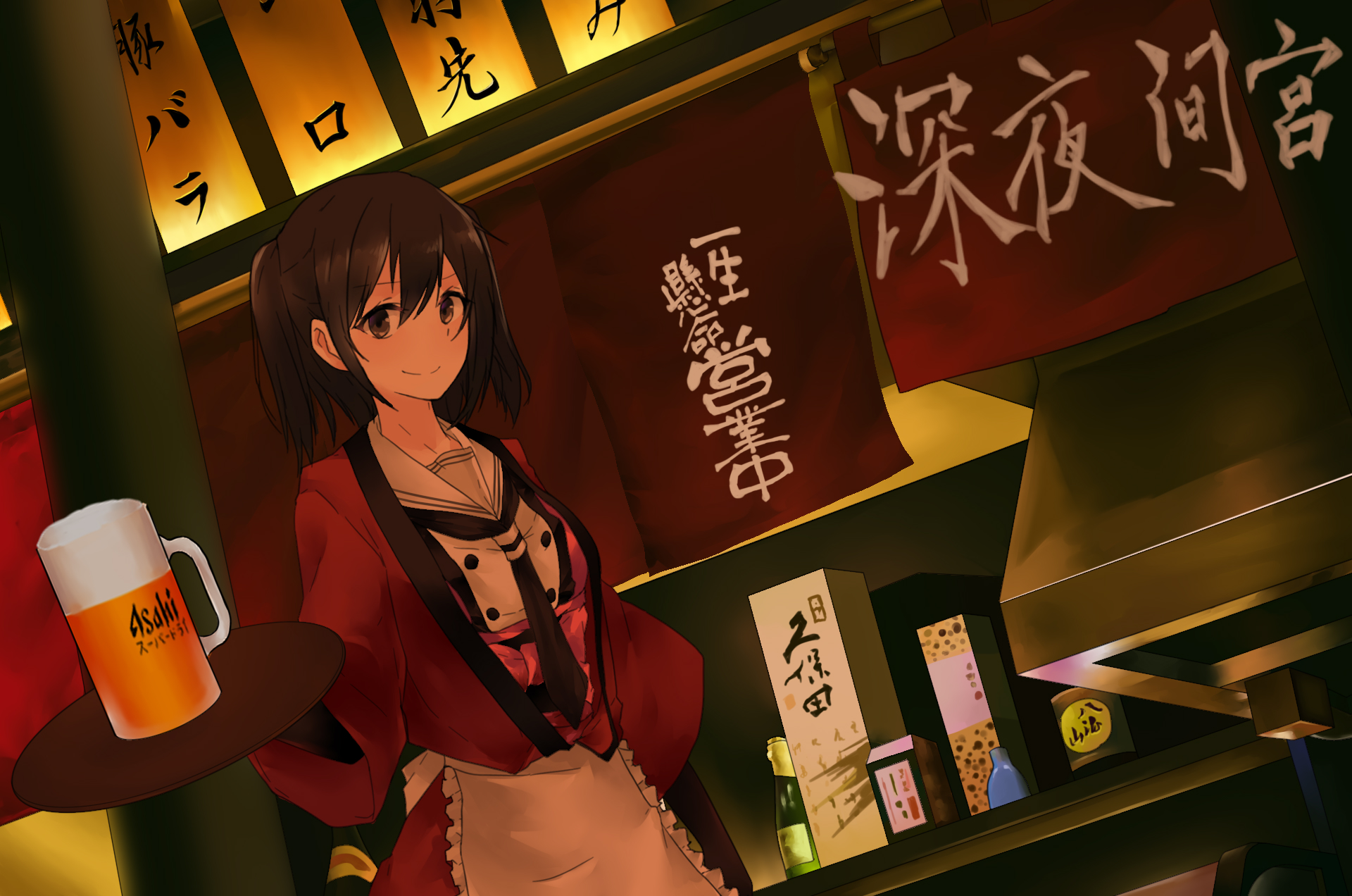 Girl in red uniform serving beer in izakaya HD Wallpaper