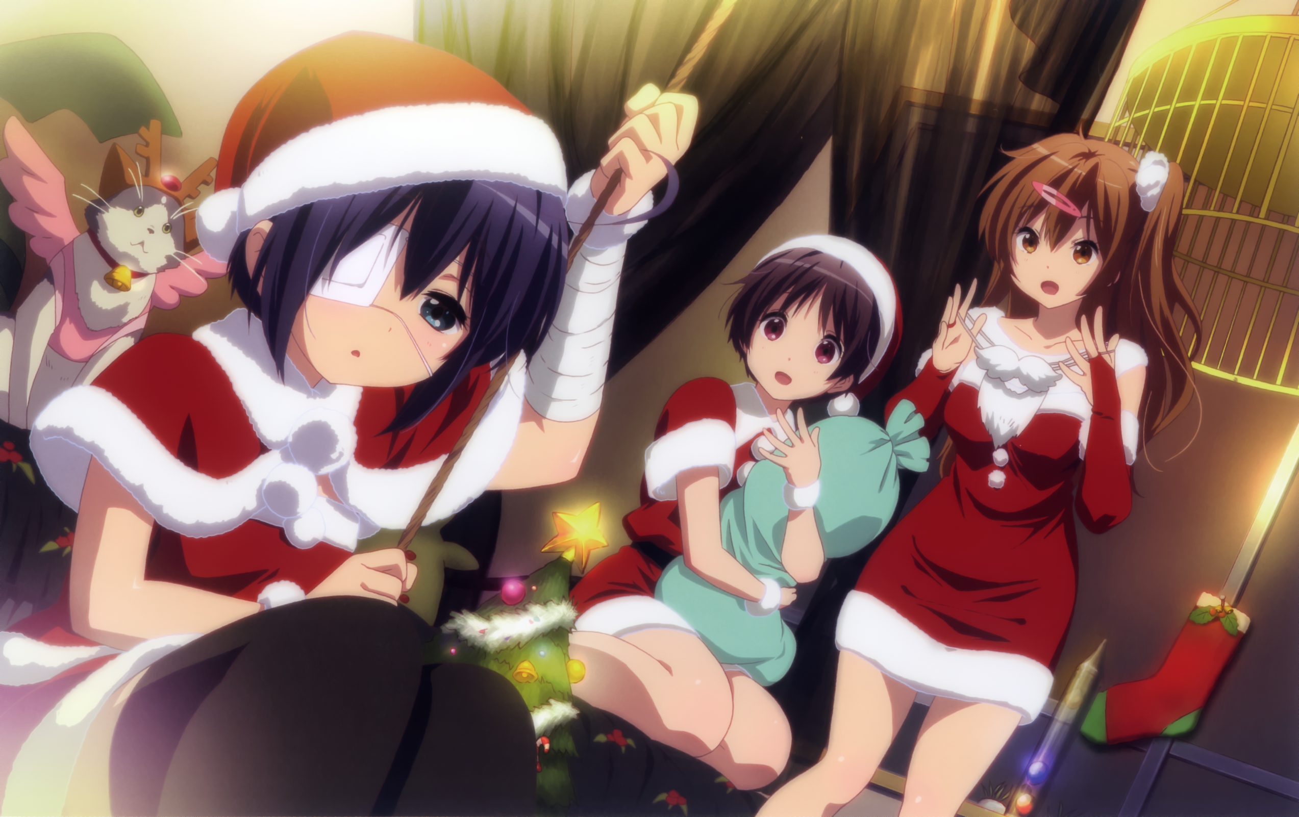 Girls in Santa Outfits with Christmas Tree HD Wallpaper