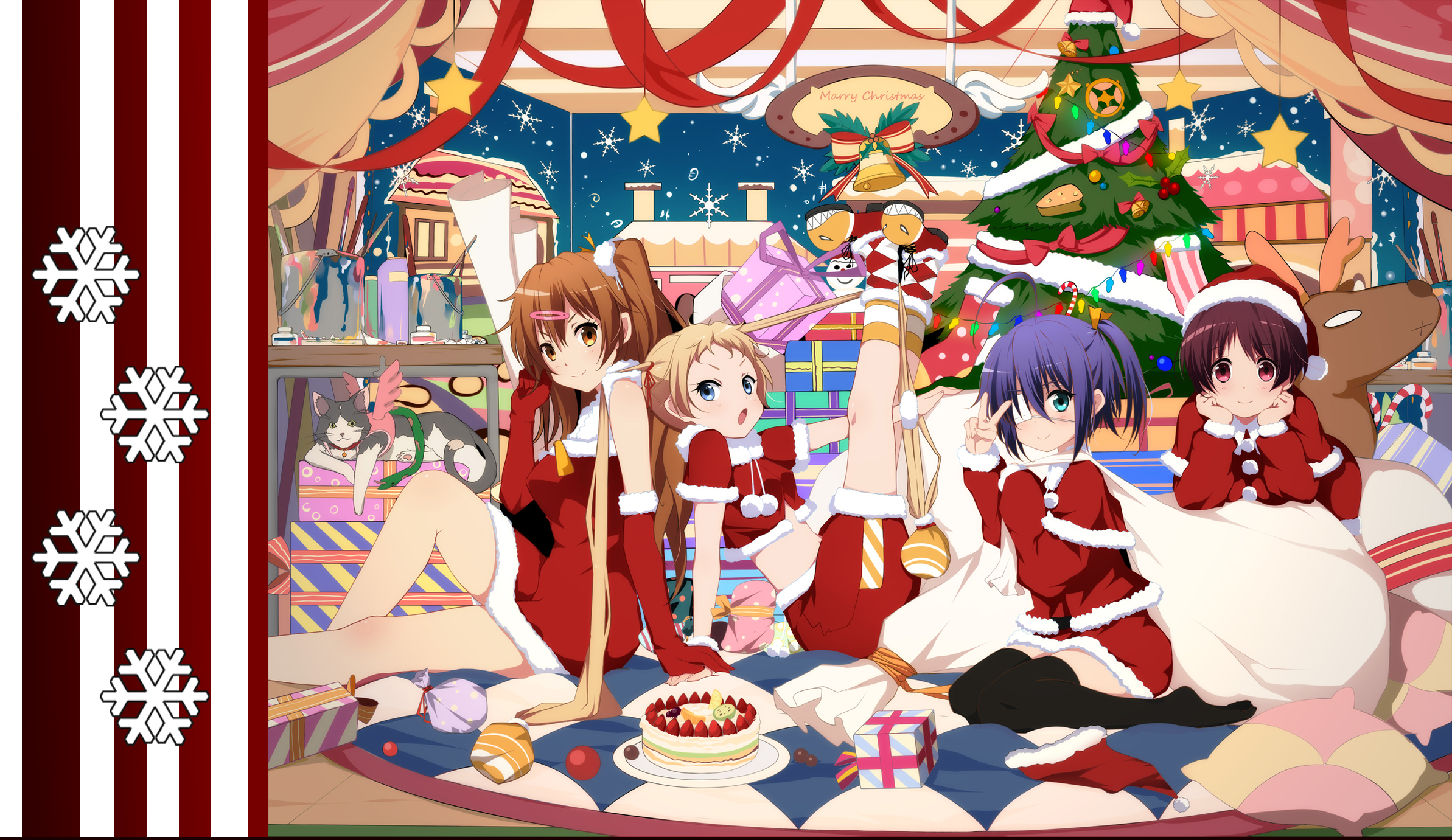 Anime girls in Santa outfits with Christmas tree HD Wallpaper