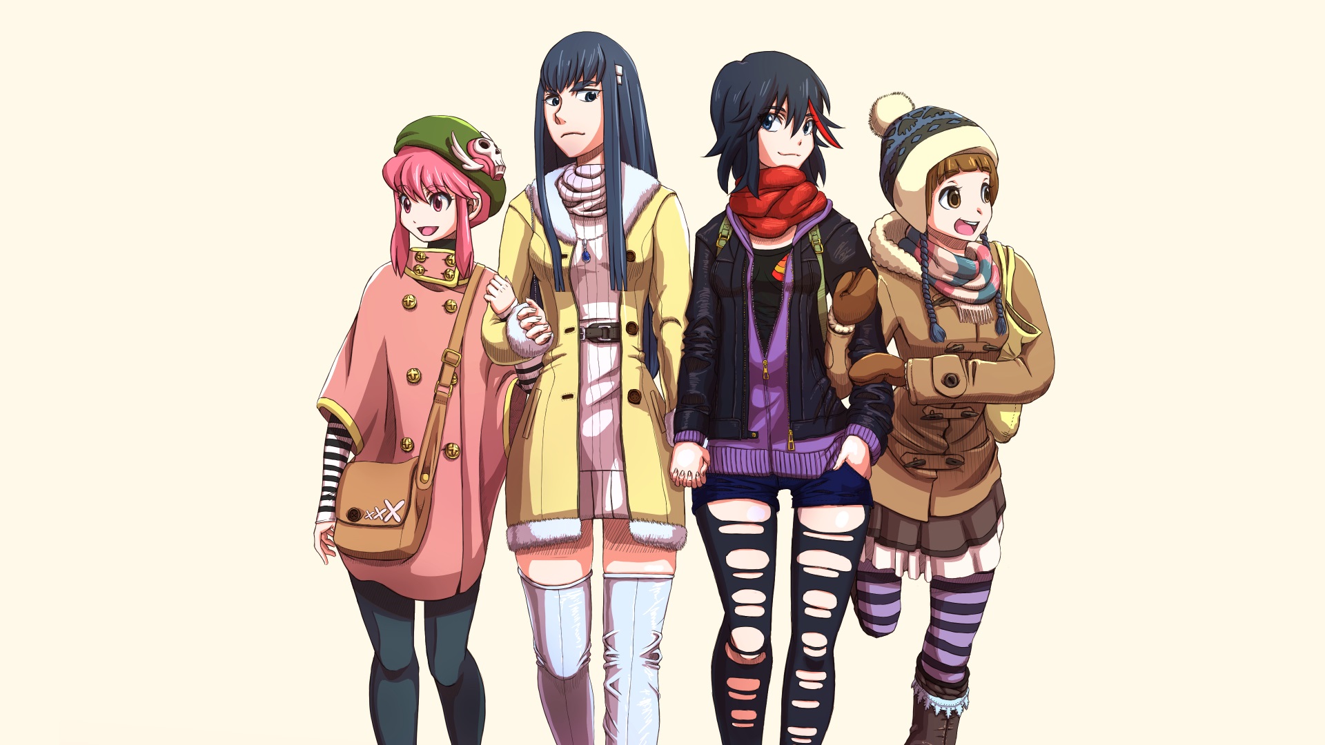 Four girls in winter clothes HD Wallpaper