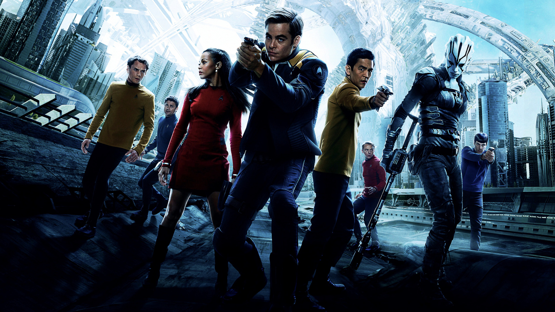 Star Trek characters in futuristic city HD Wallpaper