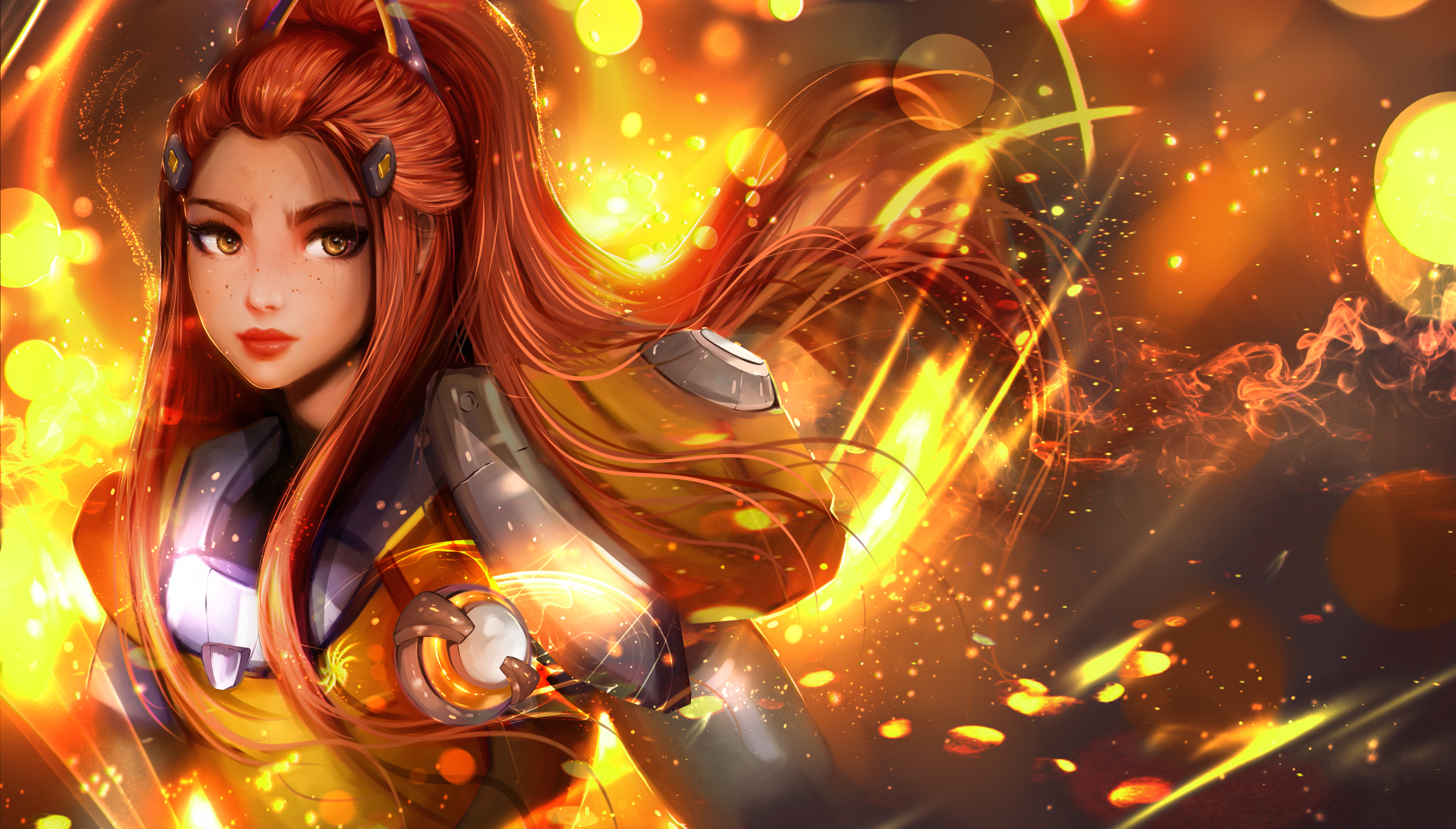 Brigitte from Overwatch with fire effects HD Wallpaper