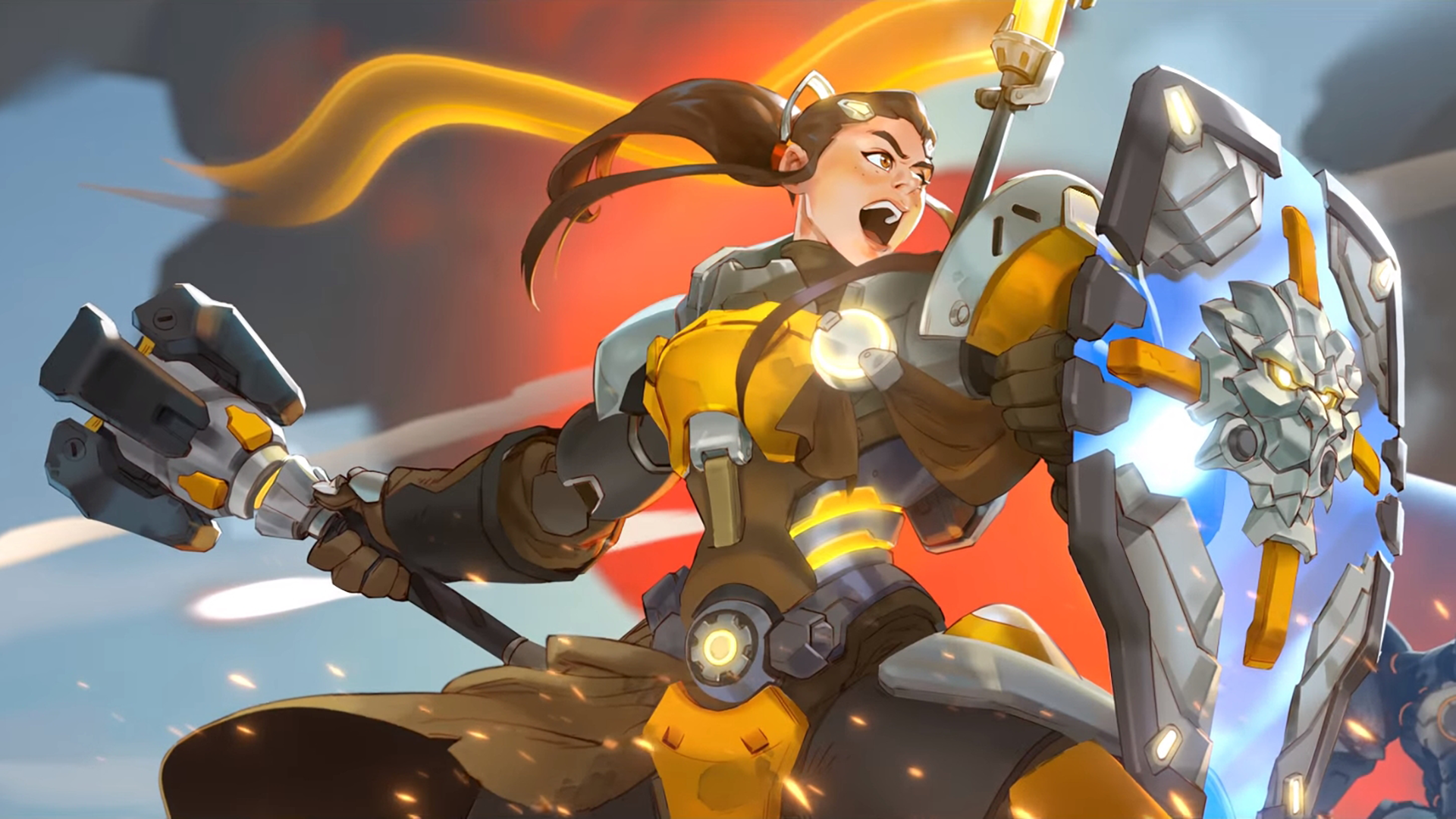 Brigitte from Overwatch holding a flail and shield HD Wallpaper