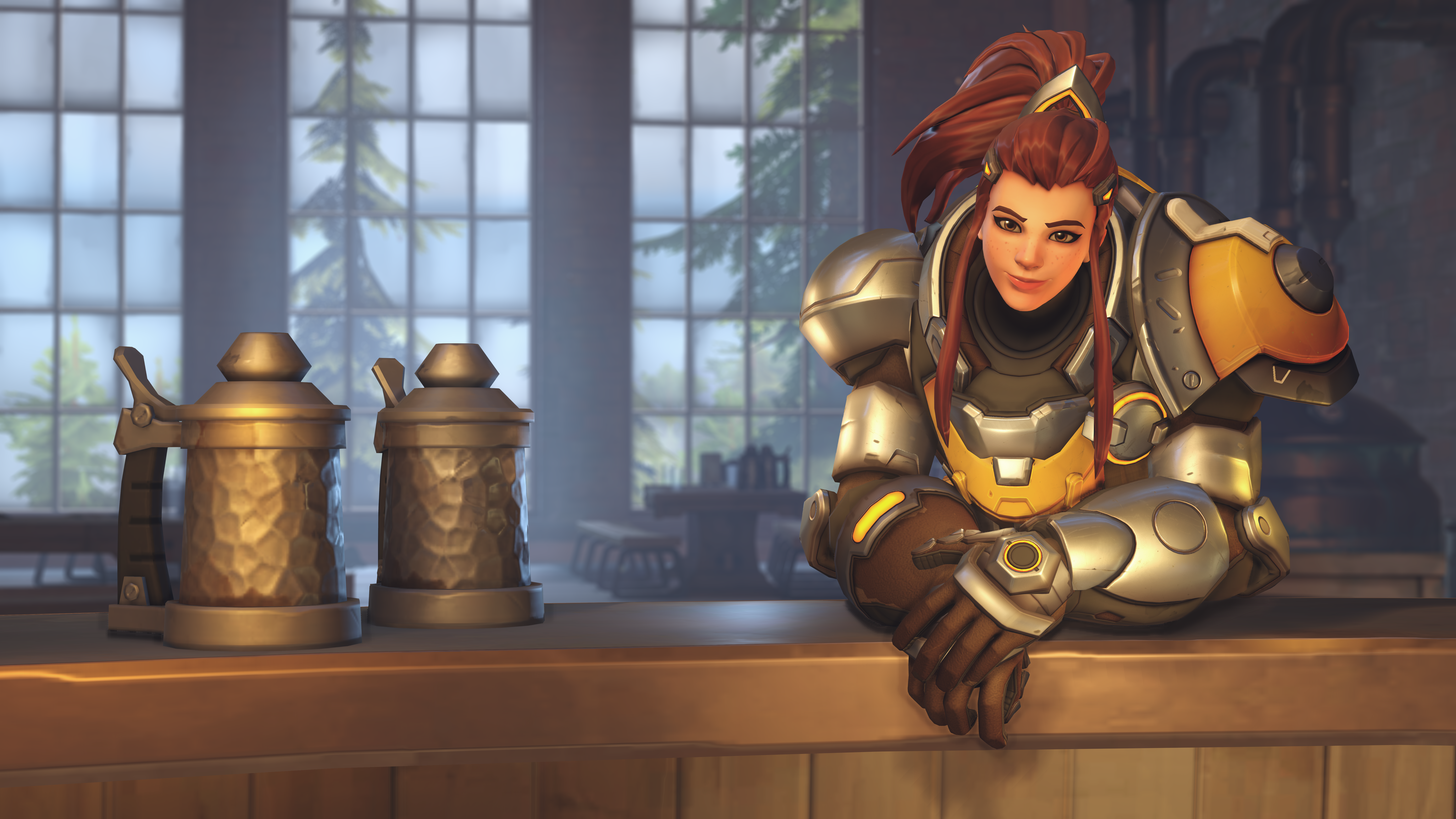 Brigitte from Overwatch with Tankards HD Wallpaper
