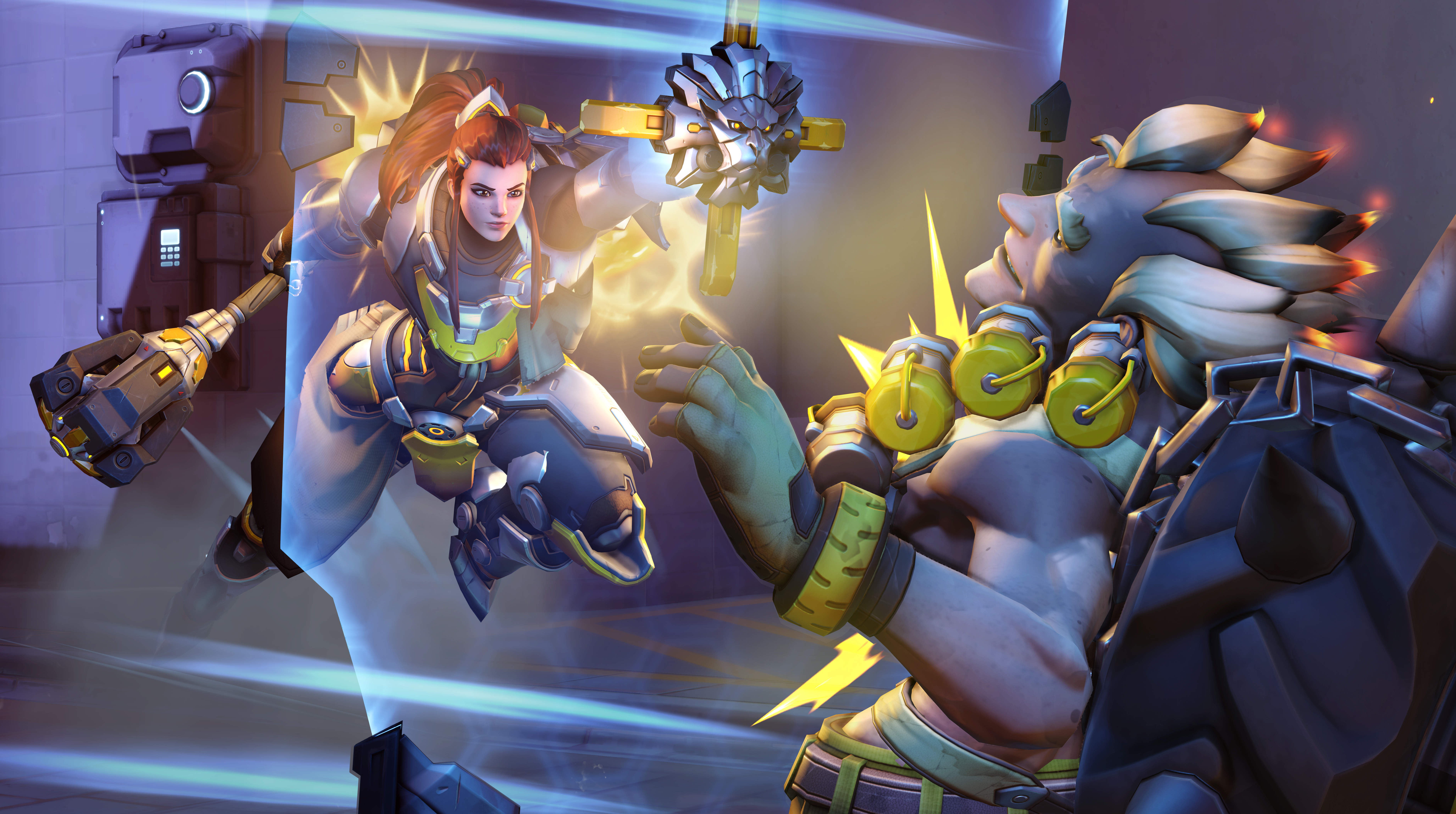 Brigitte from Overwatch fighting Reinhardt HD Wallpaper