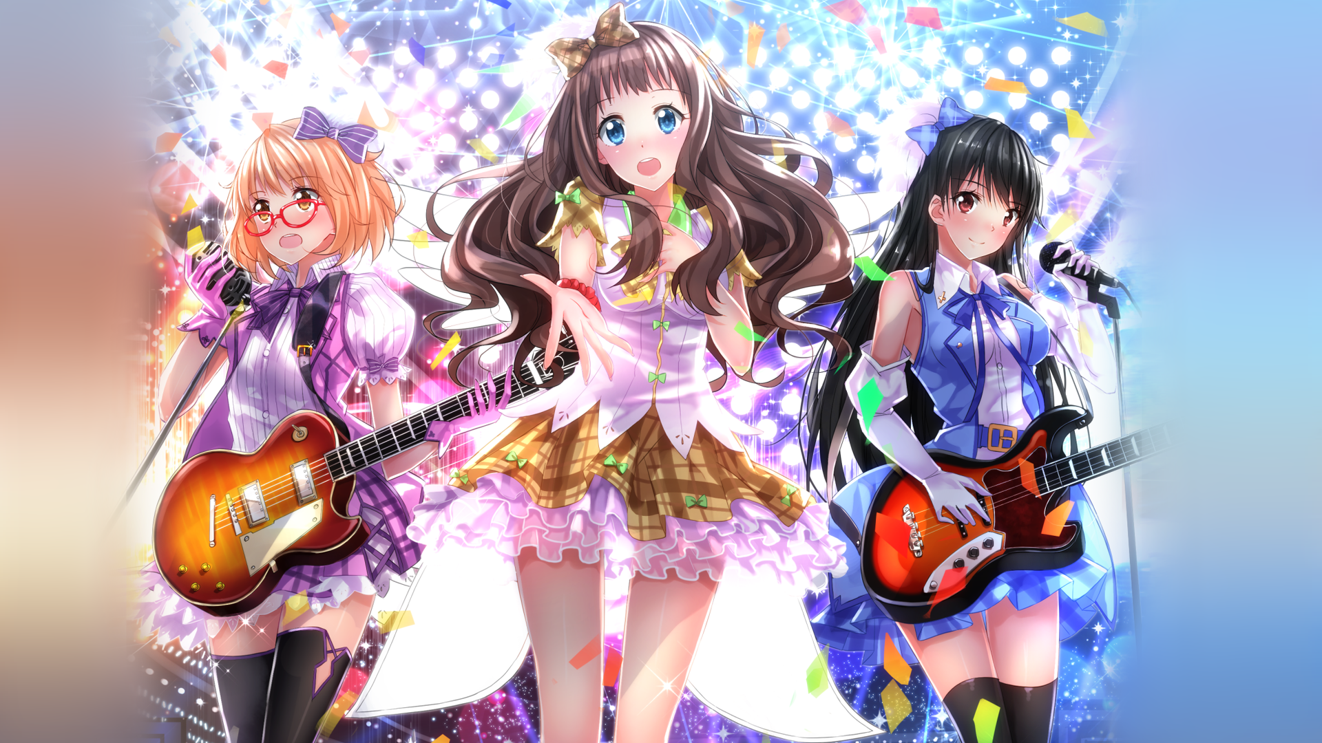 Three girls performing on stage with guitars and microphones HD Wallpaper
