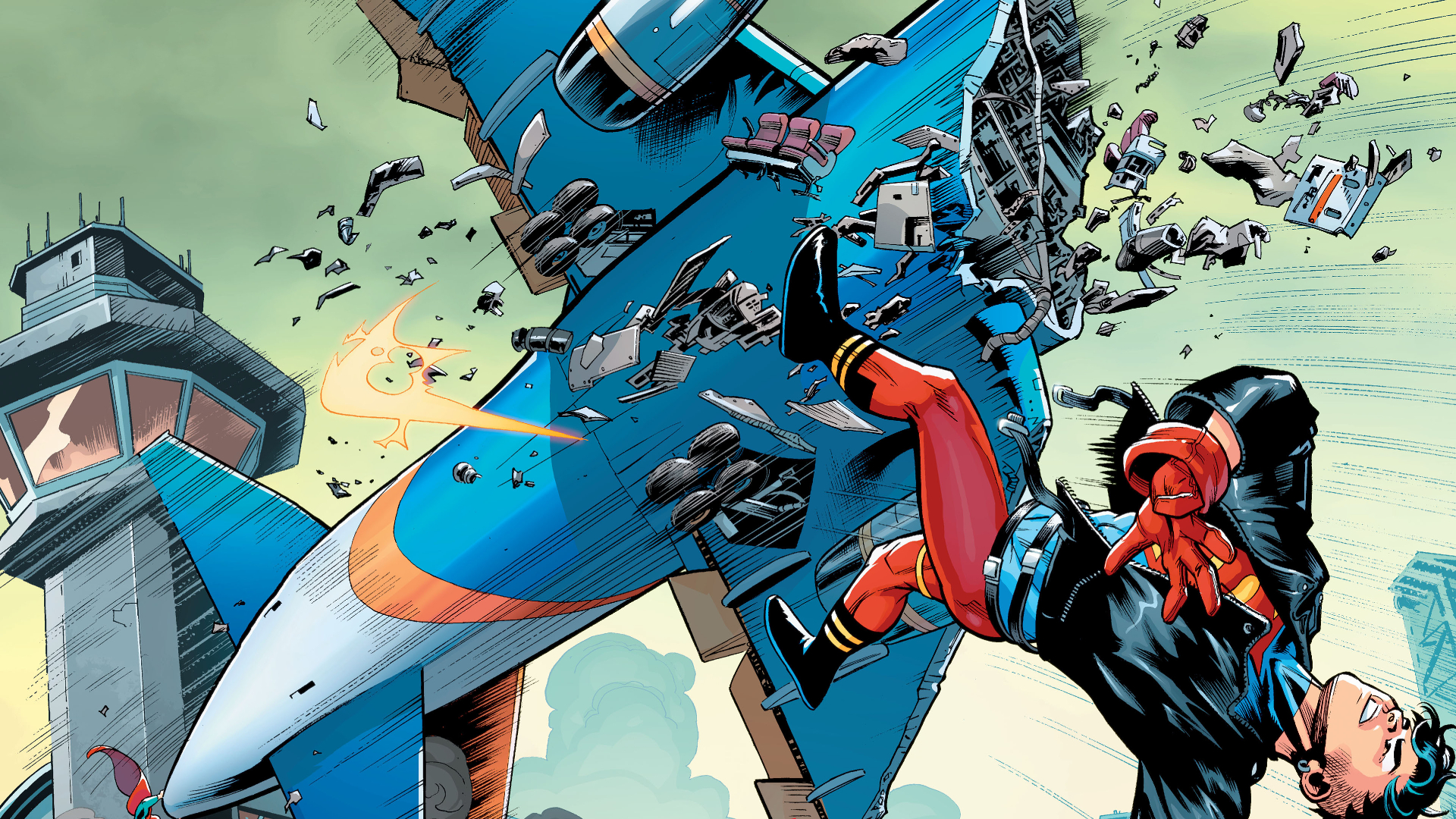 Superboy falling from a destroyed airplane HD Wallpaper