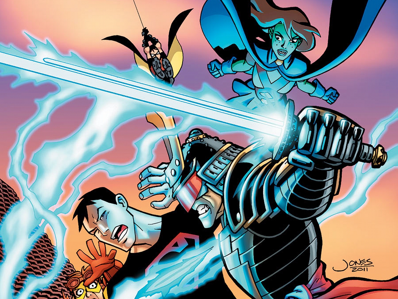 Superboy and allies fighting a samurai warrior HD Wallpaper