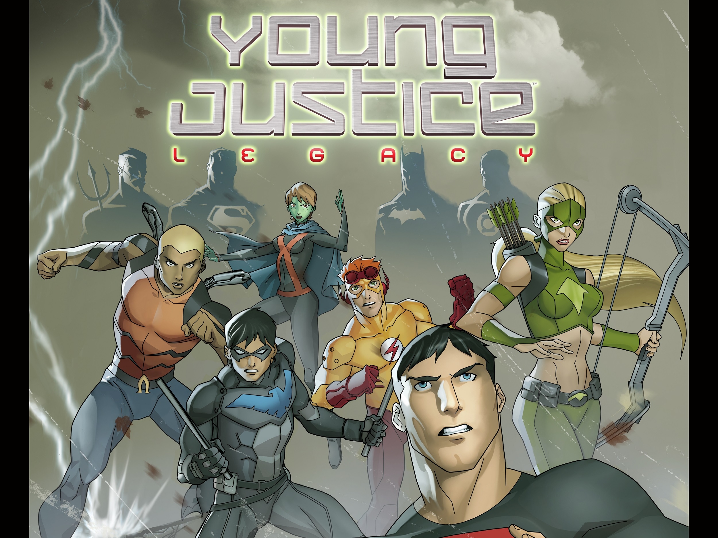 Young Justice Legacy characters with Justice League silhouettes HD Wallpaper