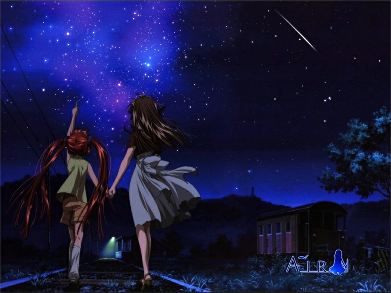 Two girls looking at a starry night sky HD Wallpaper