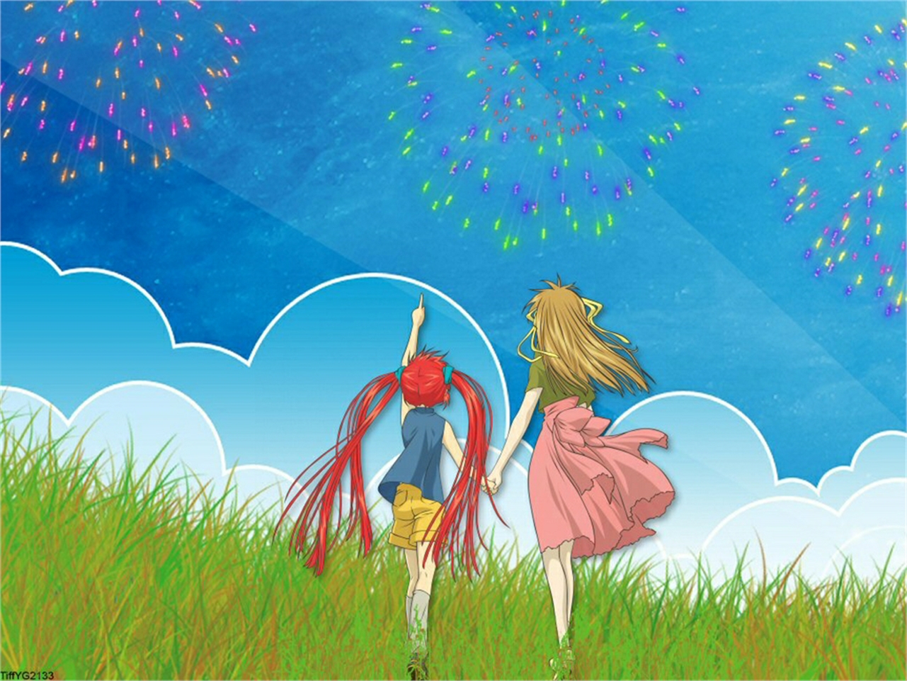 Two girls watching fireworks HD Wallpaper