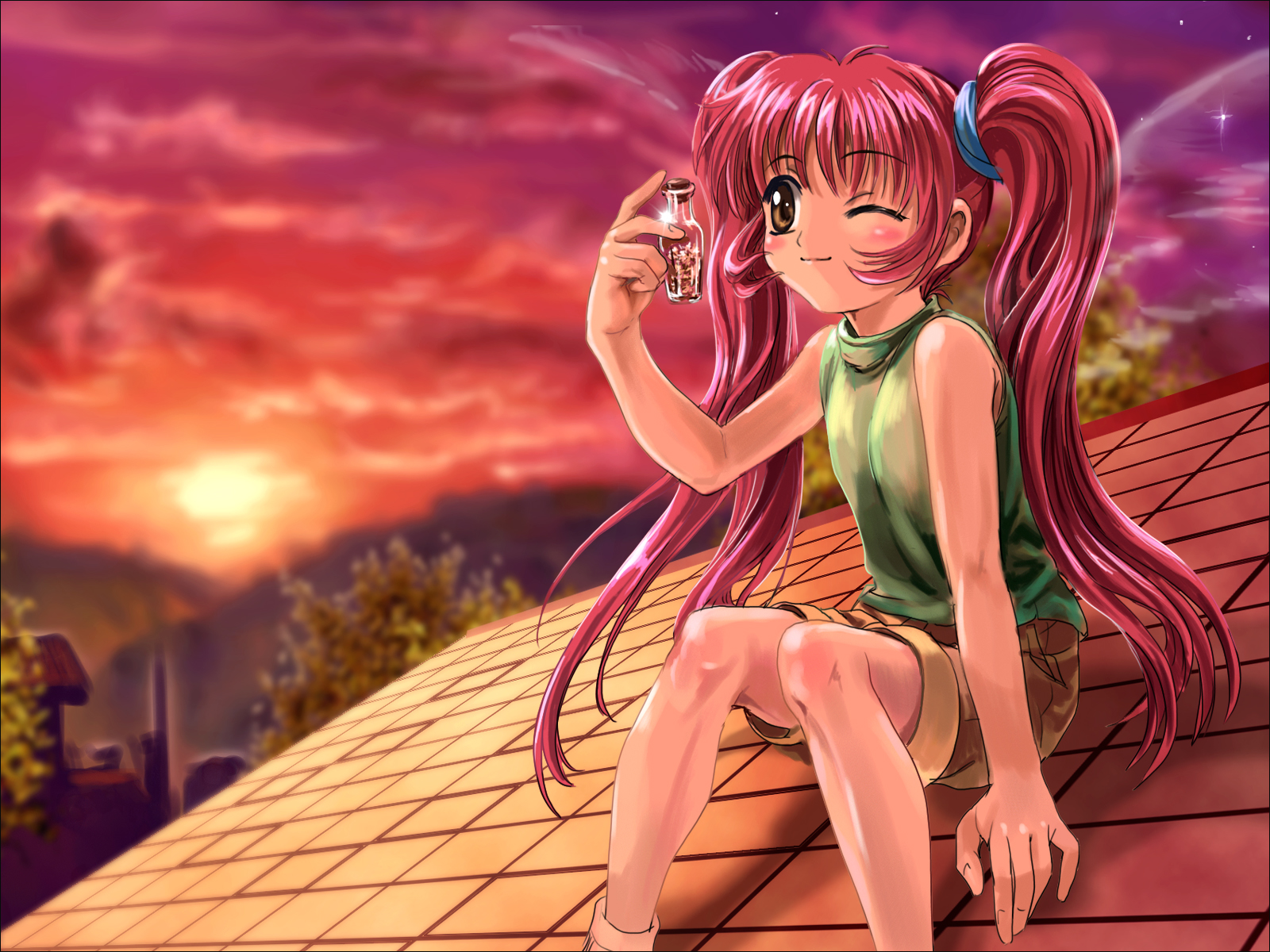 Michiru sitting on a roof at sunset HD Wallpaper