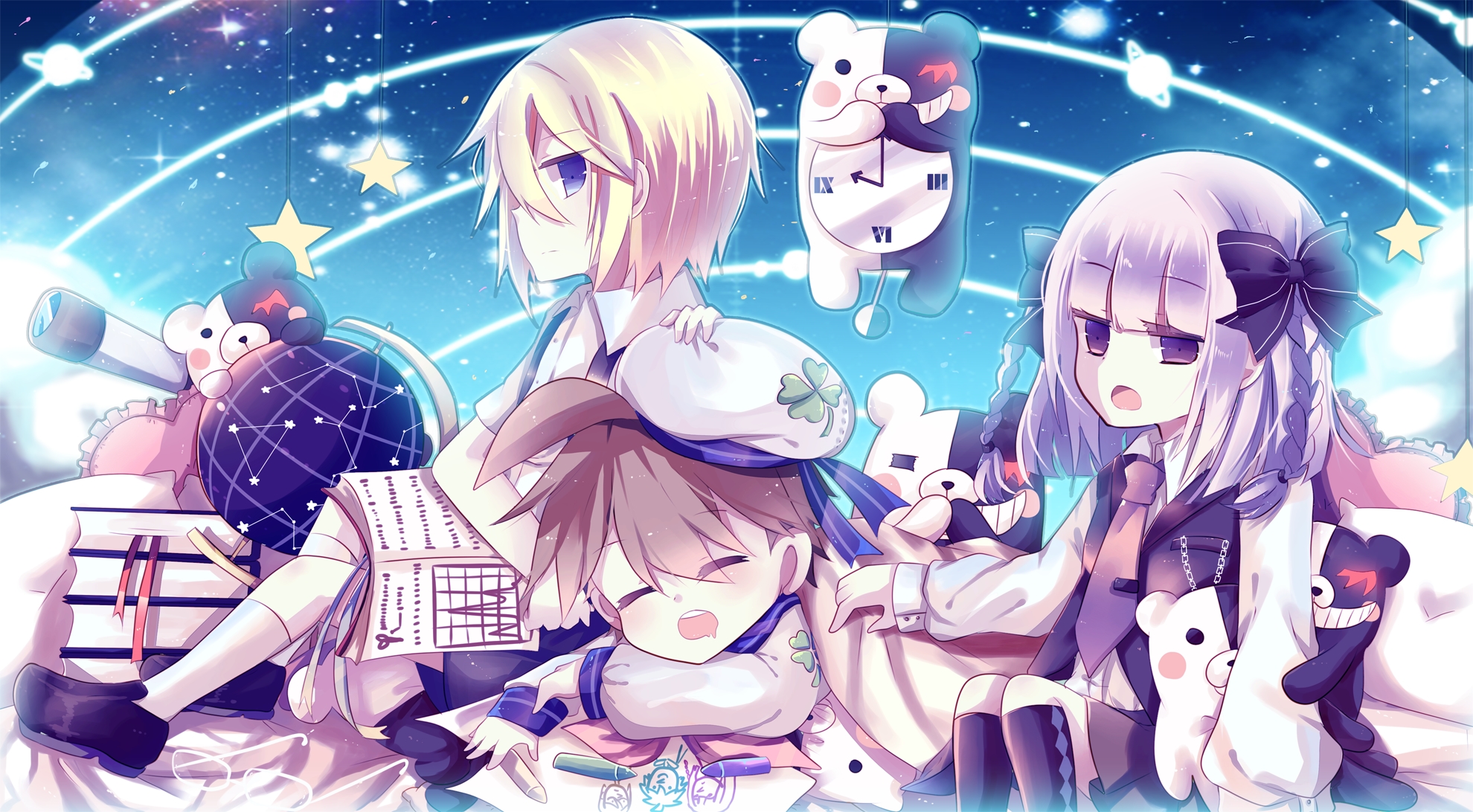 Makoto Naegi and friends in a starry sky HD Wallpaper