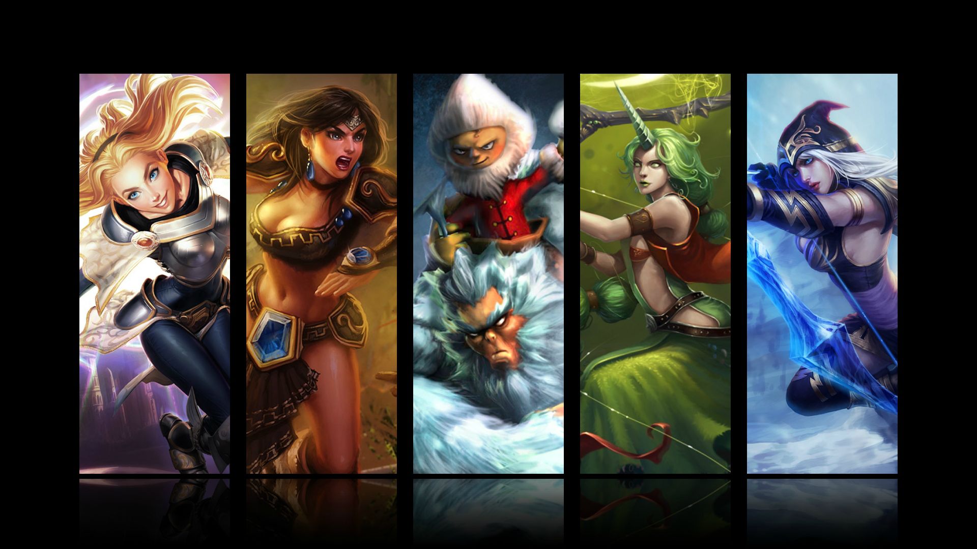 League of Legends characters: Sivir, Nidalee, Wukong, Soraka, Ashe HD Wallpaper